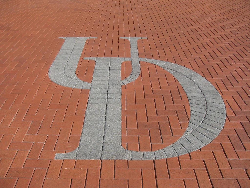 學校 桌布 壁紙 — 一個大型風格化的「UD」標誌，由灰色磚塊嵌在紅色磚廣場上，在明亮日光下形成。
