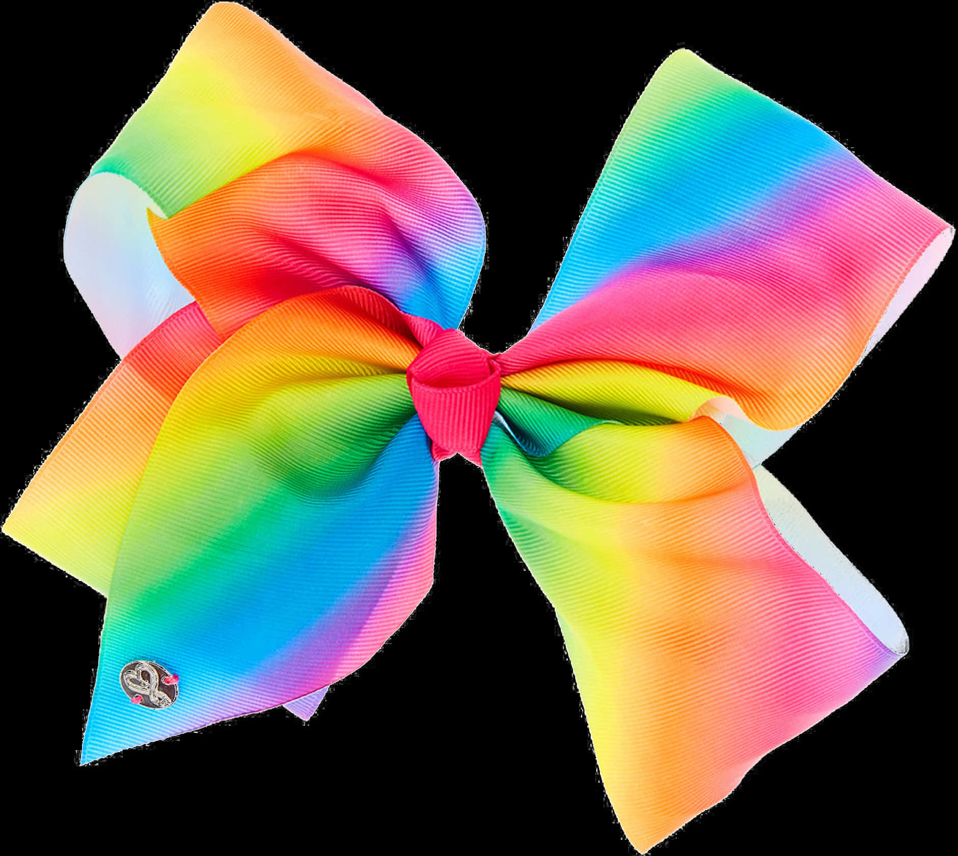 JoJo Siwa 桌布 壁紙 — 一個大型鮮豔彩虹色絲帶蝴蝶結，中心為粉紅色，其中一個環上有一個小標誌吊飾，背景為黑色。