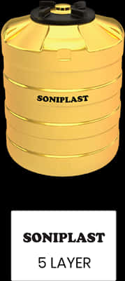 Container 桌布 壁紙 — 一個大型黃色Soniplast 5層塑膠水箱，配有黑色蓋子和品牌標誌，背景為黑色。