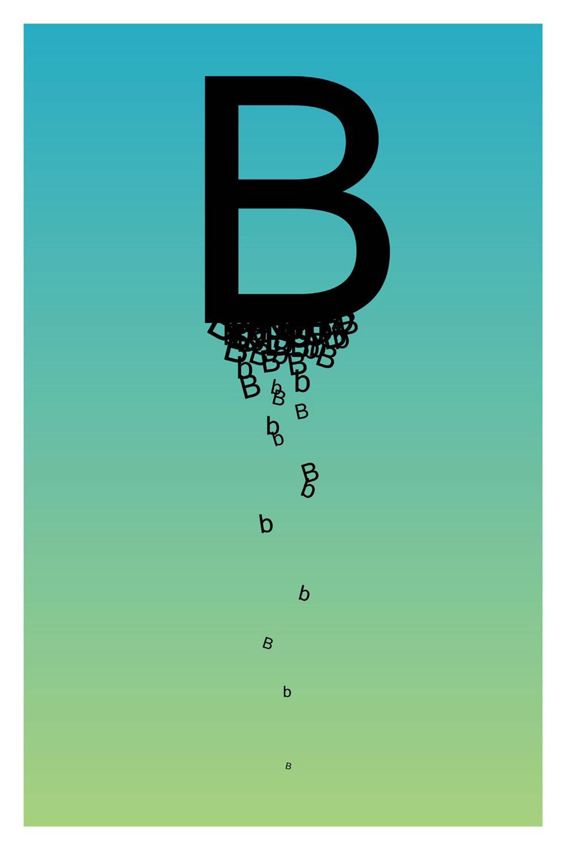 字母B 桌布 壁紙 — 一個大型黑色字母B滴落著較小且散落的B，背景為從藍綠色到綠色的漸變。