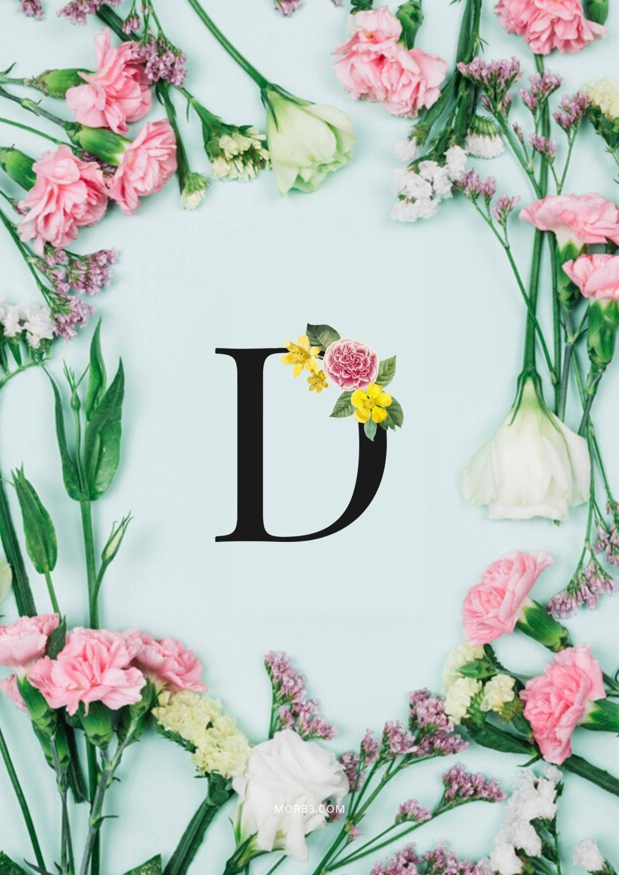 Letter D 桌布 壁紙 — 一個大型黑色字母D，飾有粉紅色、黃色和白色的花朵，在柔和的薄荷色背景上形成花卉邊框。