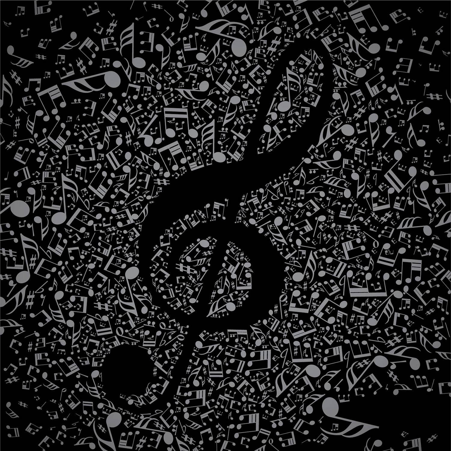 音樂美學 桌布 壁紙 — 一個大型黑色高音譜號從密集散佈白色音符的黑色背景中浮現。