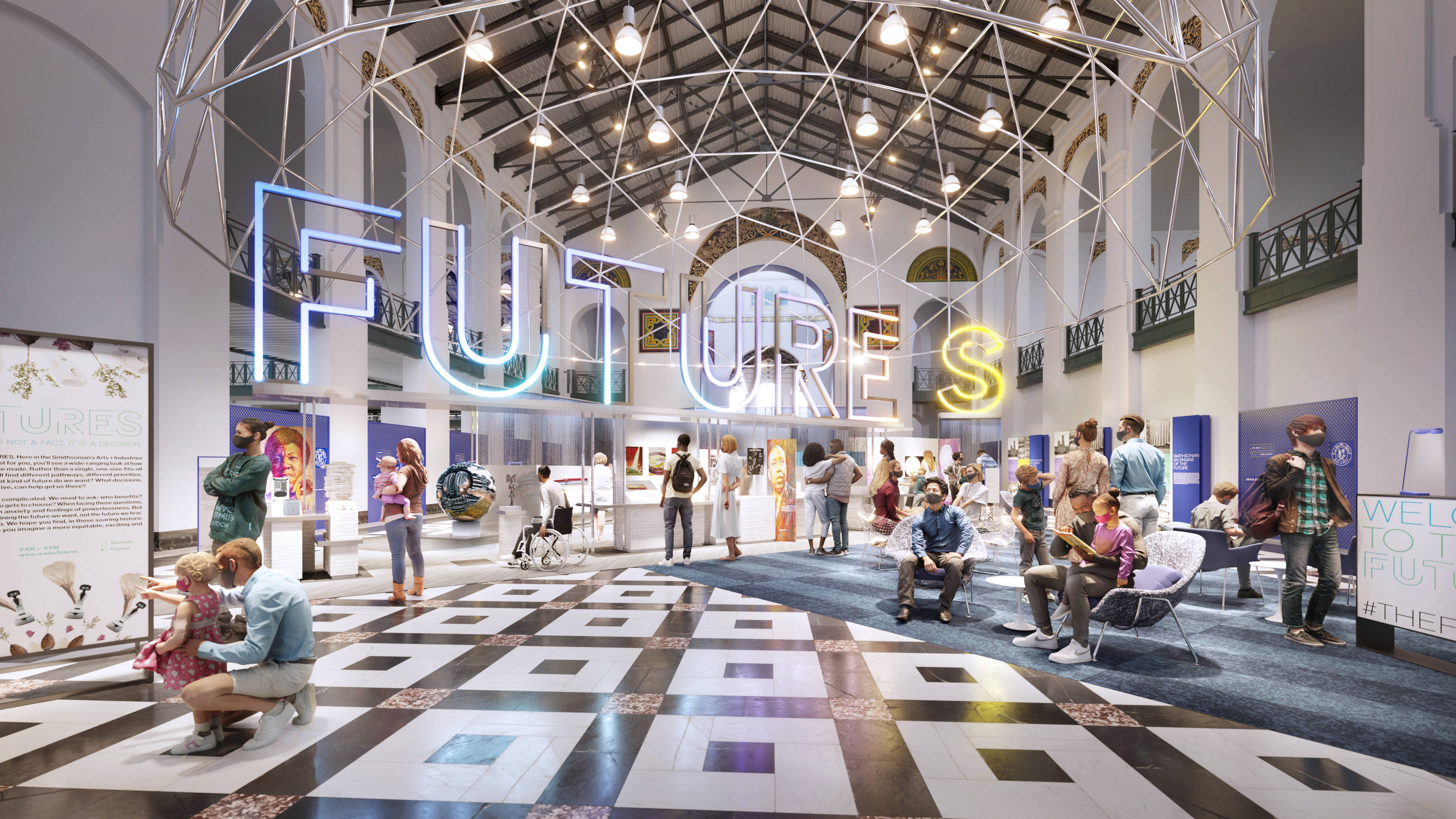Smithsonian 桌布 壁紙 — 一個大廳，地板呈棋盤格，發光的「FUTURE」標誌，訪客在高拱形天花板下探索展品。