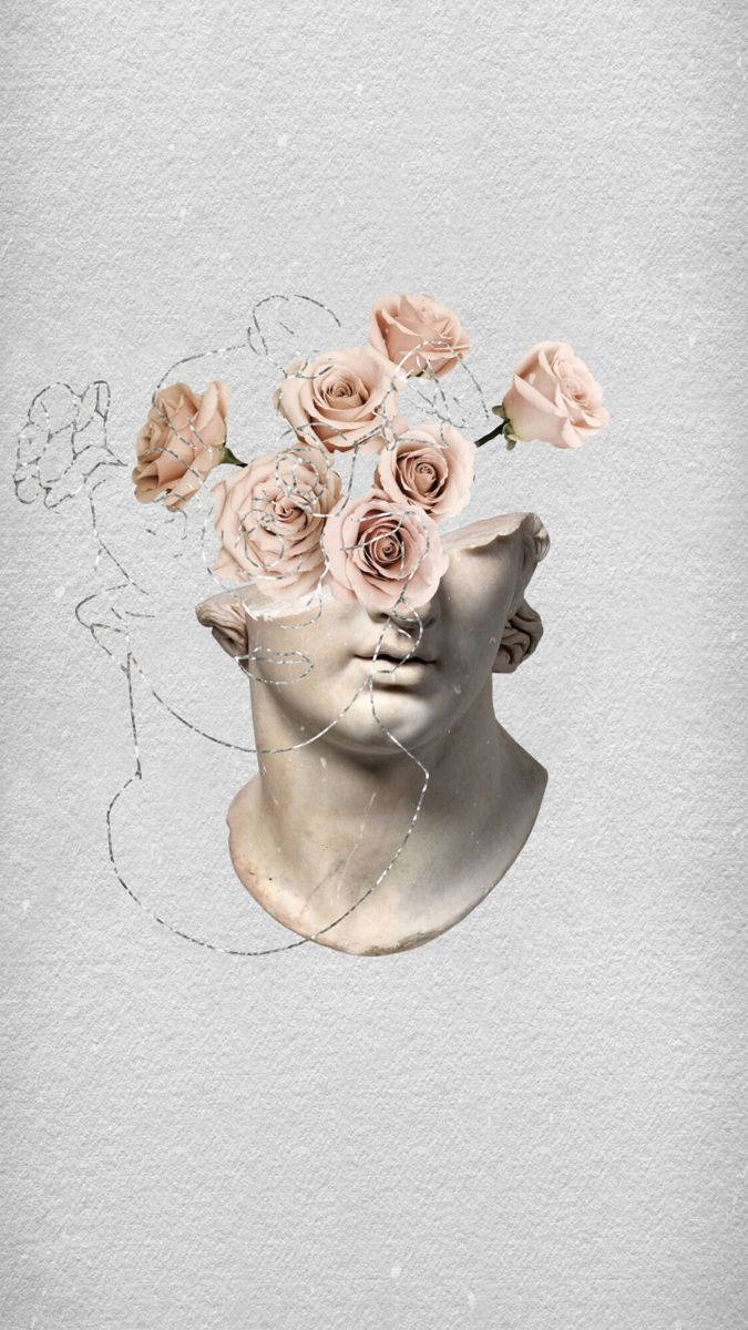 Roses 桌布 壁紙 — 一個大理石半身像，頭部被盛開的粉紅玫瑰和精緻的鐵絲輪廓取代，背景是帶紋理的灰色。