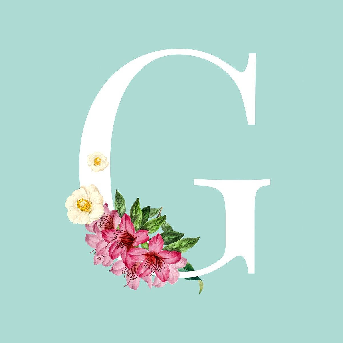 g 桌布 壁紙 — 一個大白色字母G，在薄荷綠色背景上裝飾有粉紅色和白色的花朵以及綠色的葉子。