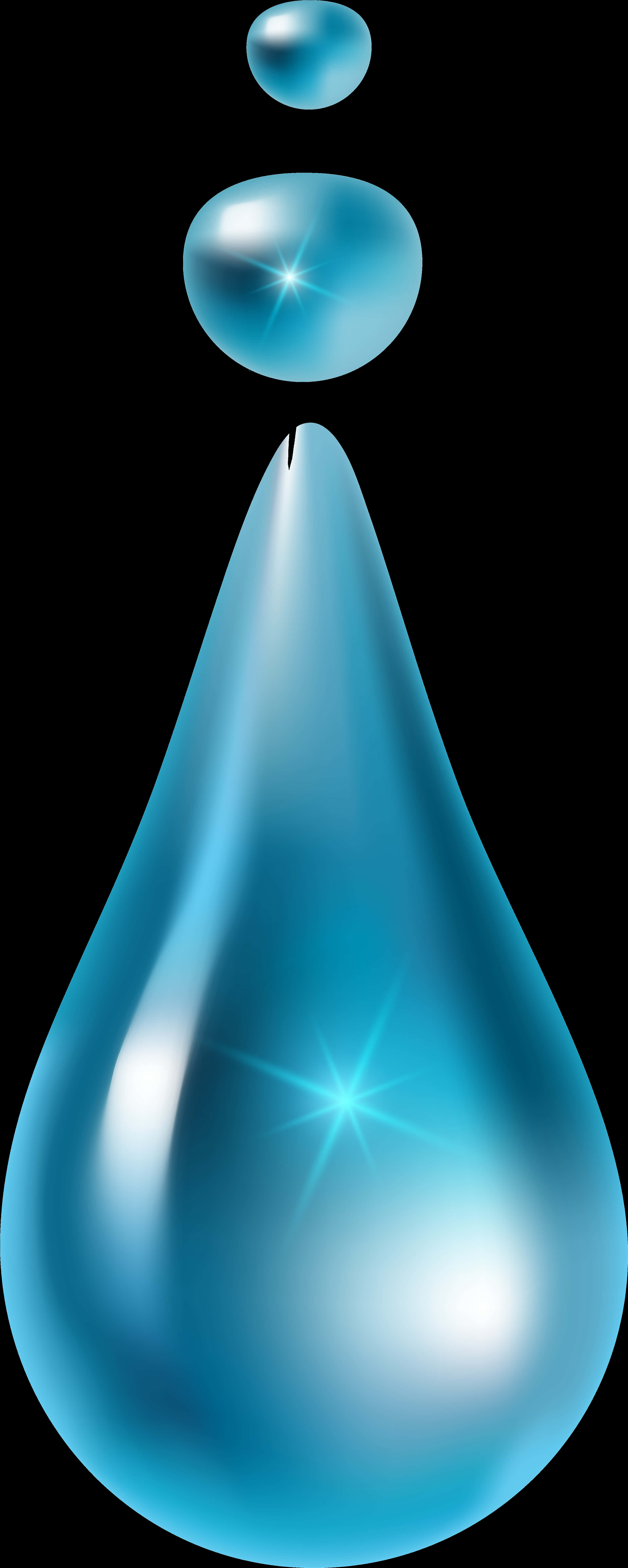 Water Droplet 桌布 壁紙 — 一個大的發光藍色水滴，上面有兩個較小的水滴，背景為黑色。