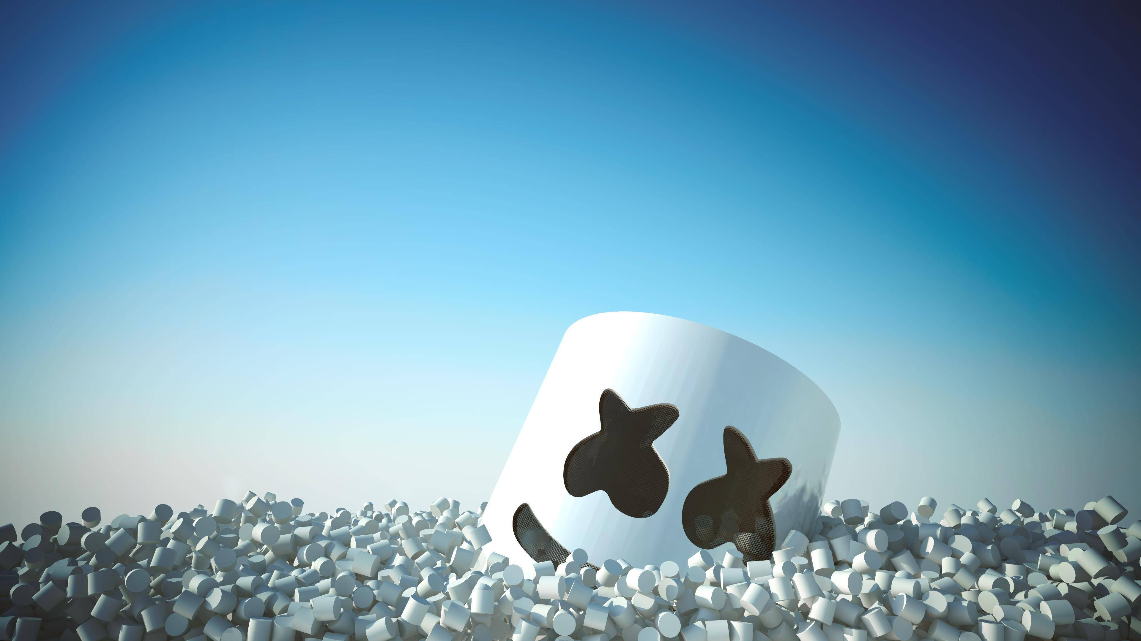 Marshmello 動態圖 桌布 壁紙 — 一個大的白色棉花糖，有星形眼睛和微笑，從一堆較小的棉花糖中冒出，背景是漸變的藍天。
