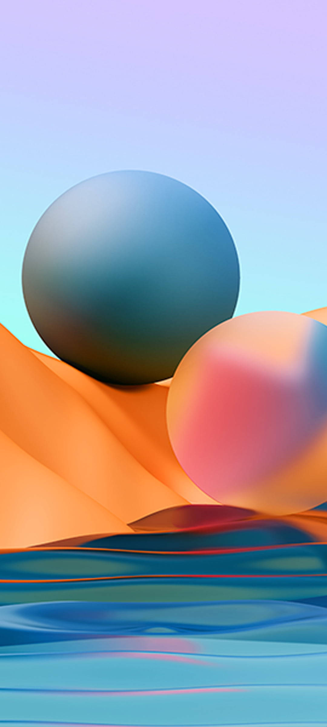 3D 桌布 壁紙 — 一個大的藍色球體坐落在流動的橙色波浪之上，旁邊是一個半透明的粉紅色球體，背景是柔和的漸變天空。