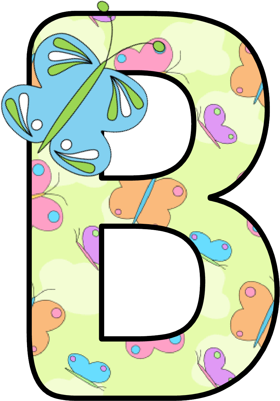字母B 桌布 壁紙 — 一個大的黑色字母B，白色輪廓，淺綠色背景上有彩色卡通蝴蝶，柔和色調。