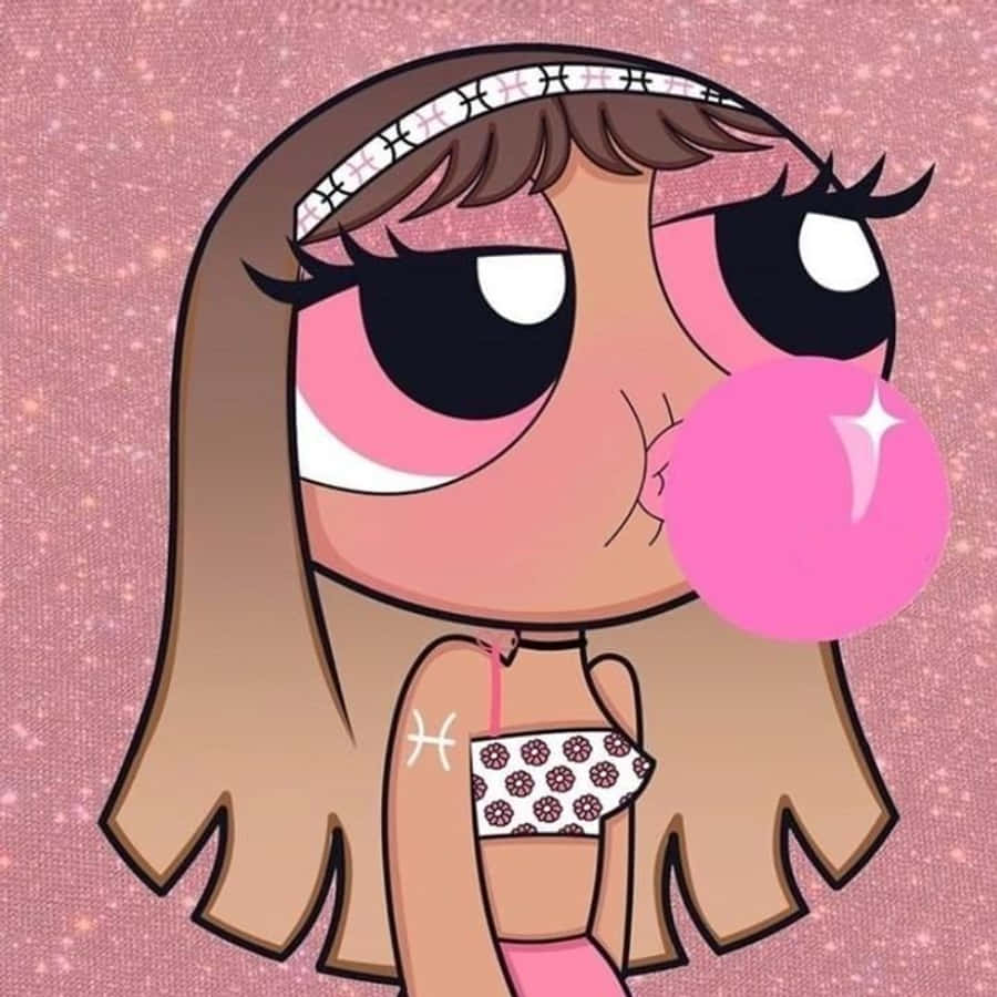 Powerpuff Girls 桌布 壁紙 — 一個大眼卡通女孩在閃爍粉紅背景上吹一個巨大粉紅色泡泡糖泡泡。