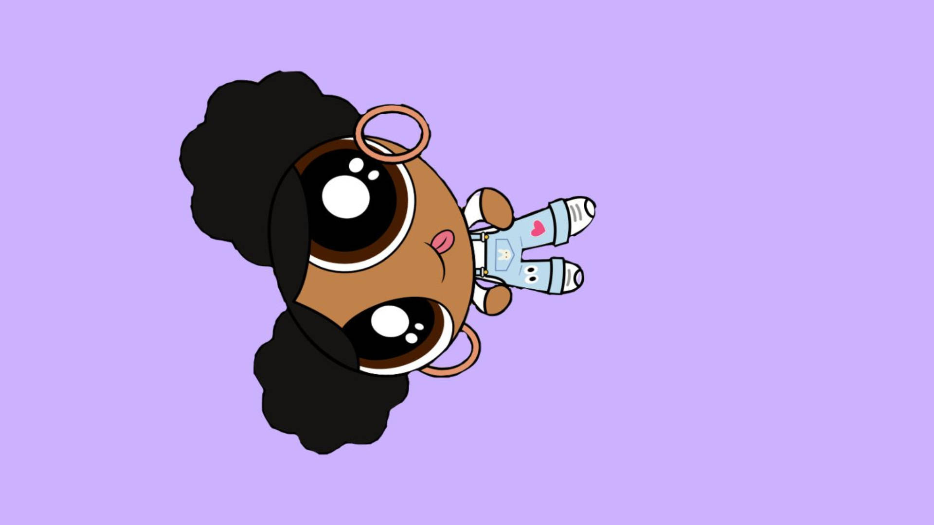 black cartoon girl 桌布 壁紙 — 一個大眼爆炸頭卡通女孩漂浮在純薰衣草色背景上，抱著一個嬰兒娃娃。