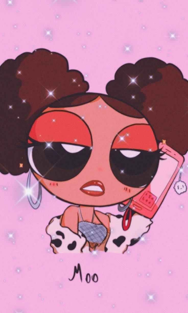 Powerpuff Girls 桌布 壁紙 — 一個大眼爆炸頭的卡通女孩在閃閃發光的粉紅色背景前拿著電話。