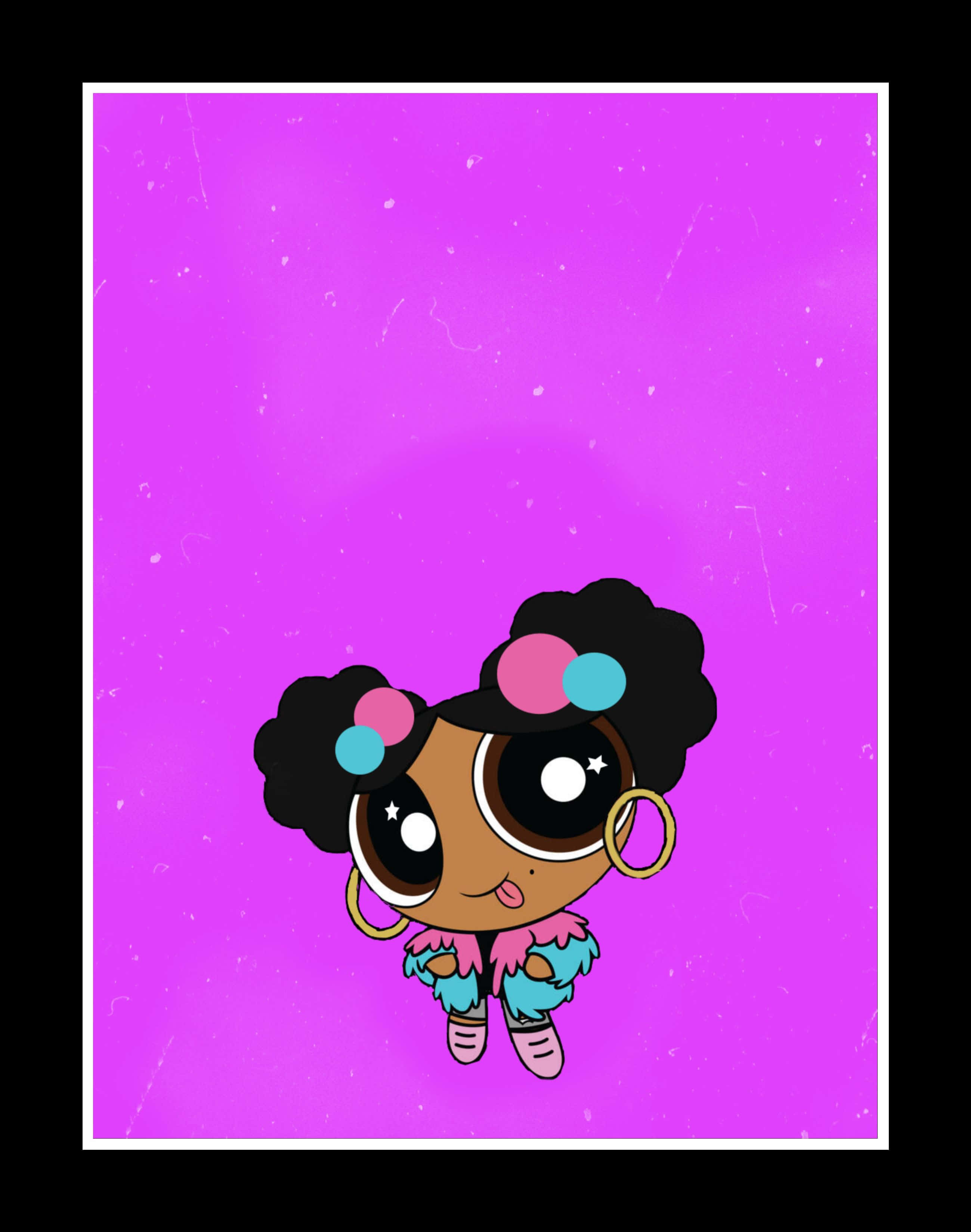 black cartoon girl 桌布 壁紙 — 一個大眼睛、戴著彩色髮飾的卡通女孩漂浮在充滿活力的紫色紋理背景上。
