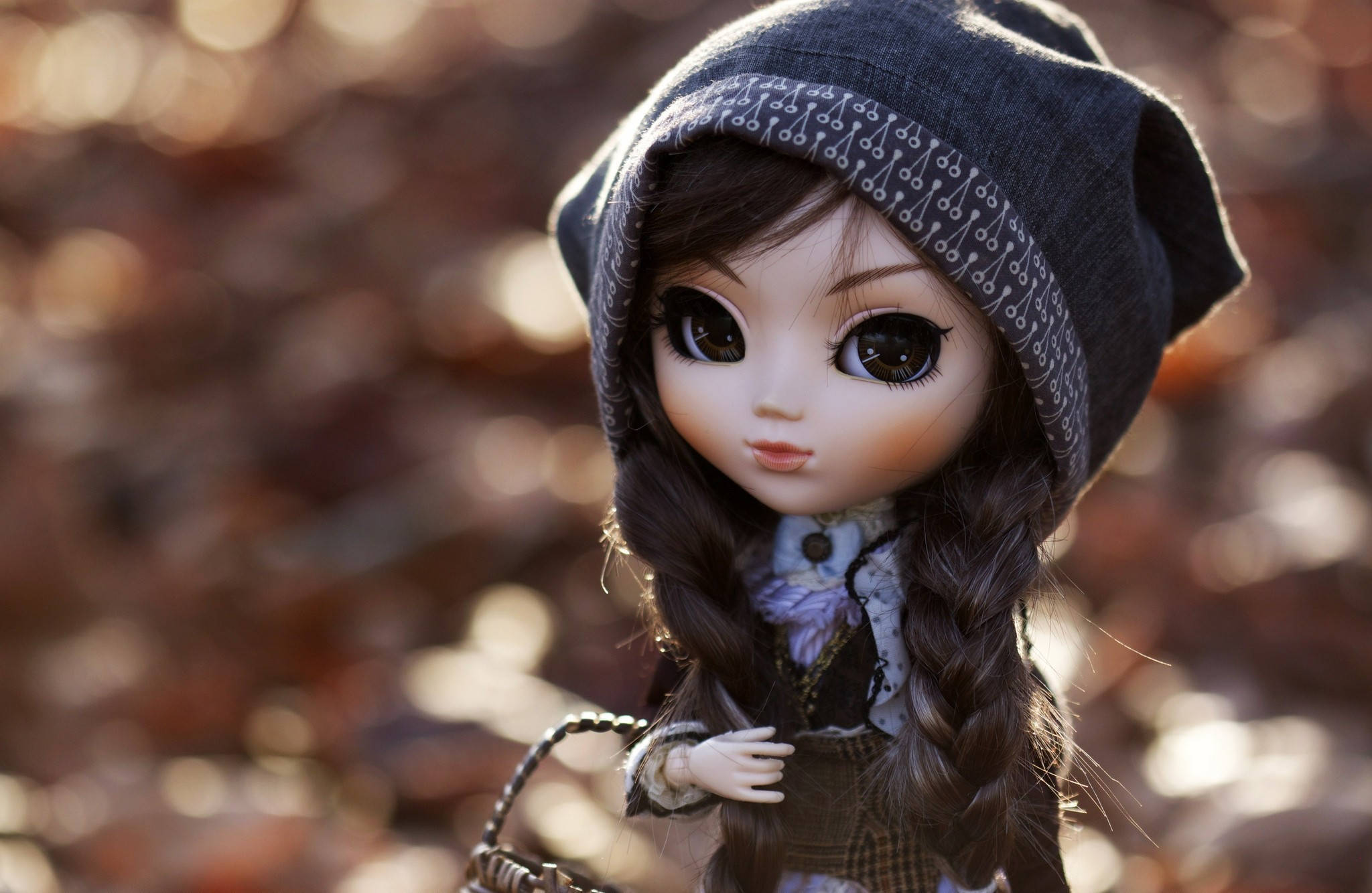 Doll 桌布 壁紙 — 一個大眼睛、辮子頭髮的玩偶，穿著灰色連帽斗篷，背景是模糊的秋葉。