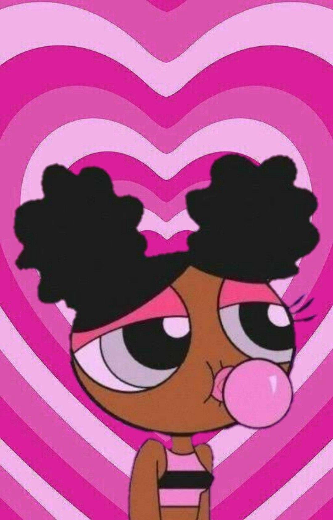 Powerpuff Girls 桌布 壁紙 — 一個大眼睛爆炸頭的卡通女孩在充滿活力的粉紅色心形圖案背景前吹泡泡糖泡泡。