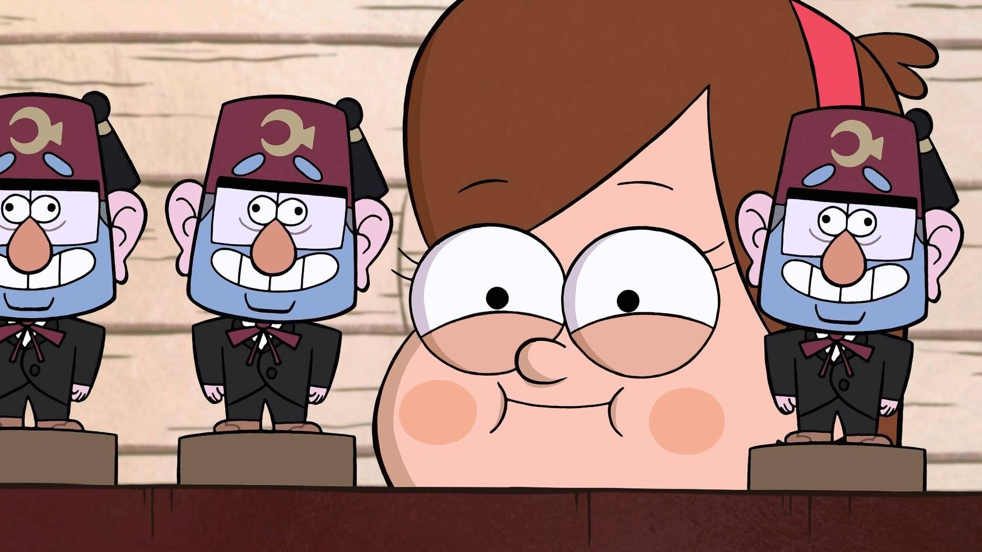 grunkle stan 桌布 壁紙 — 一個大眼睛的卡通女孩微笑著，三個一模一樣的藍臉戴氈帽的男人排成一排站在她身後。