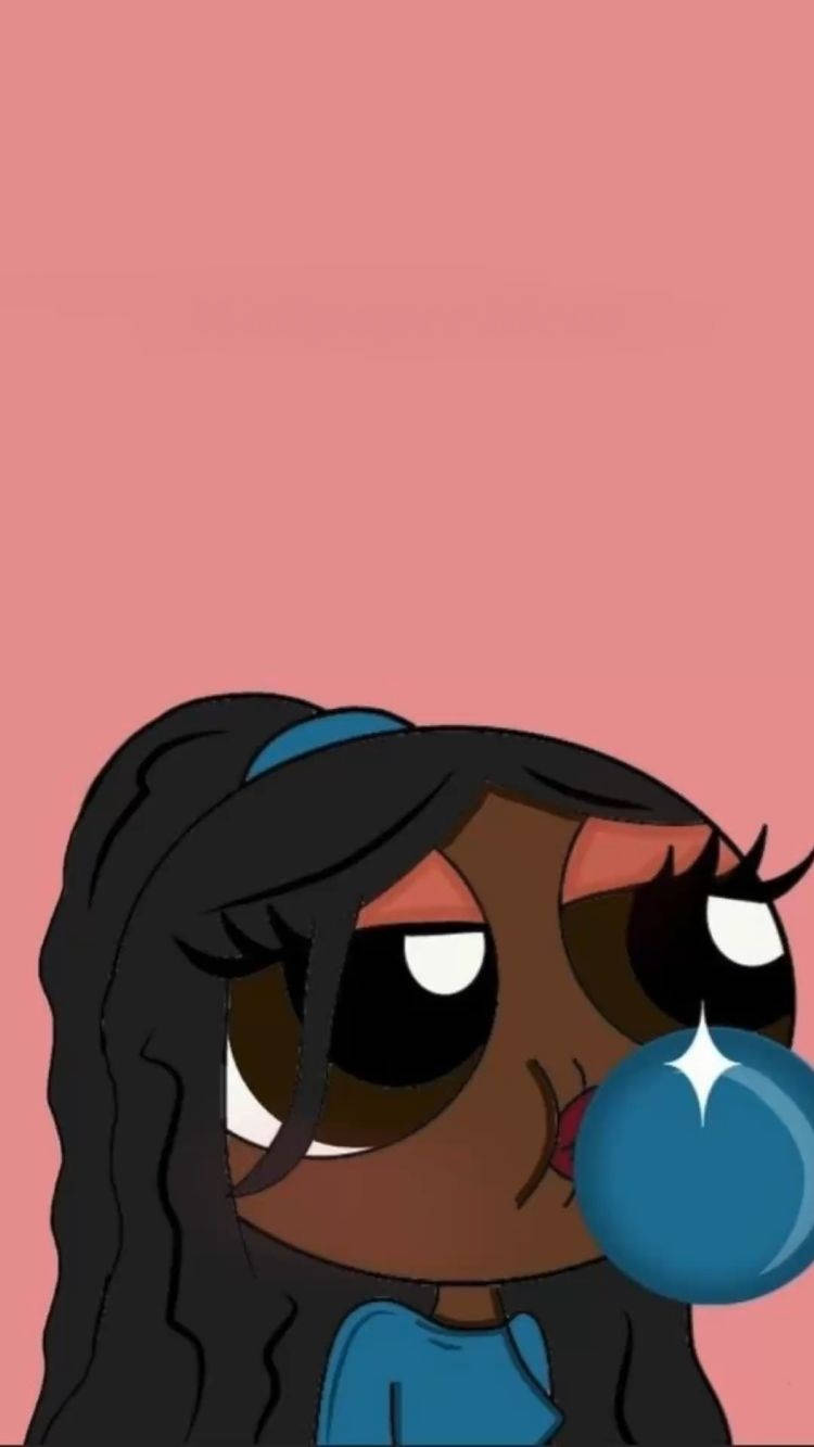Powerpuff Girls 桌布 壁紙 — 一個大眼睛黑頭髮的卡通女孩在純粉紅色背景上吹出閃亮的藍色泡泡。