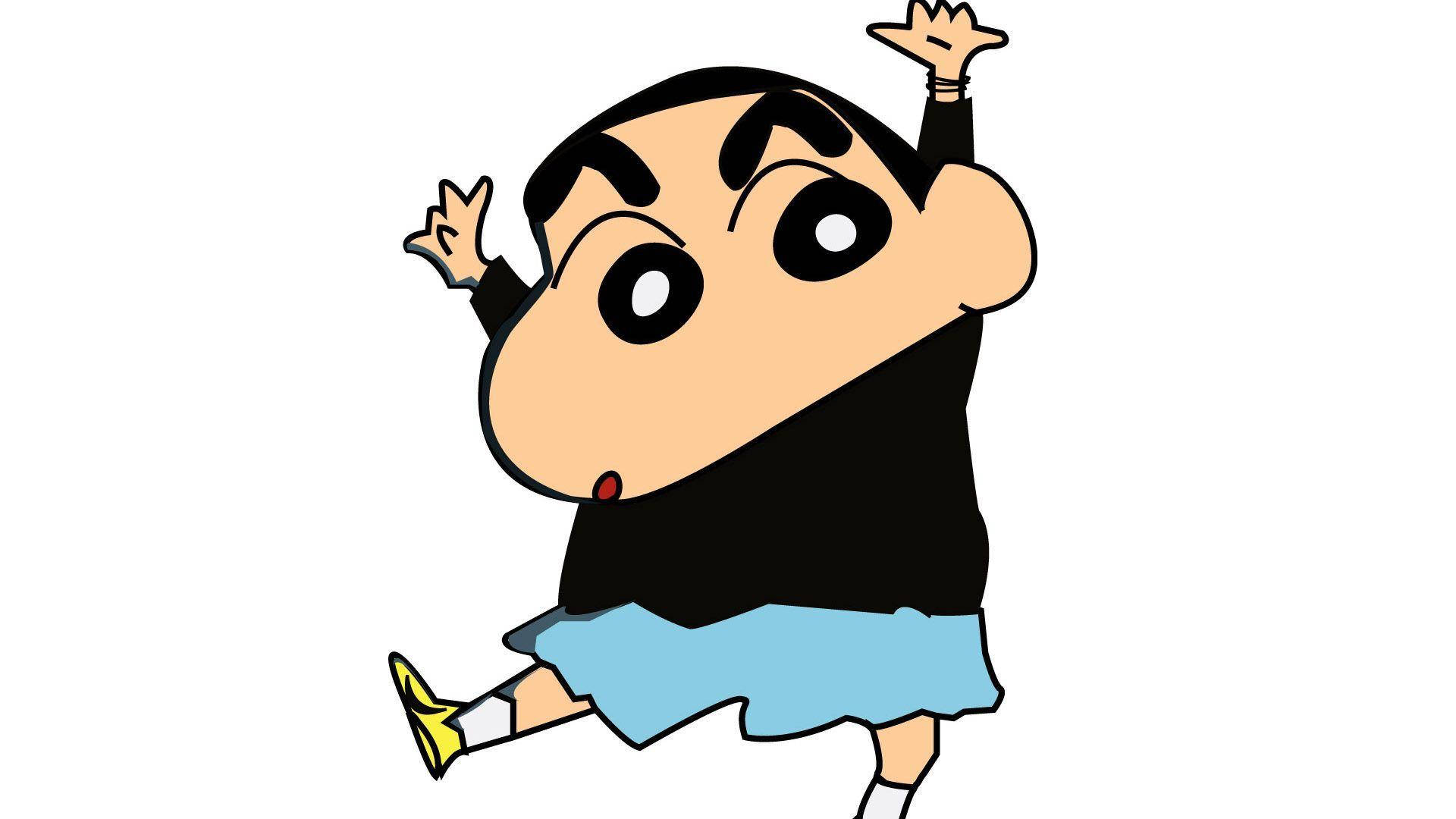 shinchan 桌布 壁紙 — 一個大眼睛黑髮的卡通男孩在純白色背景上開心地舉起雙臂奔跑。