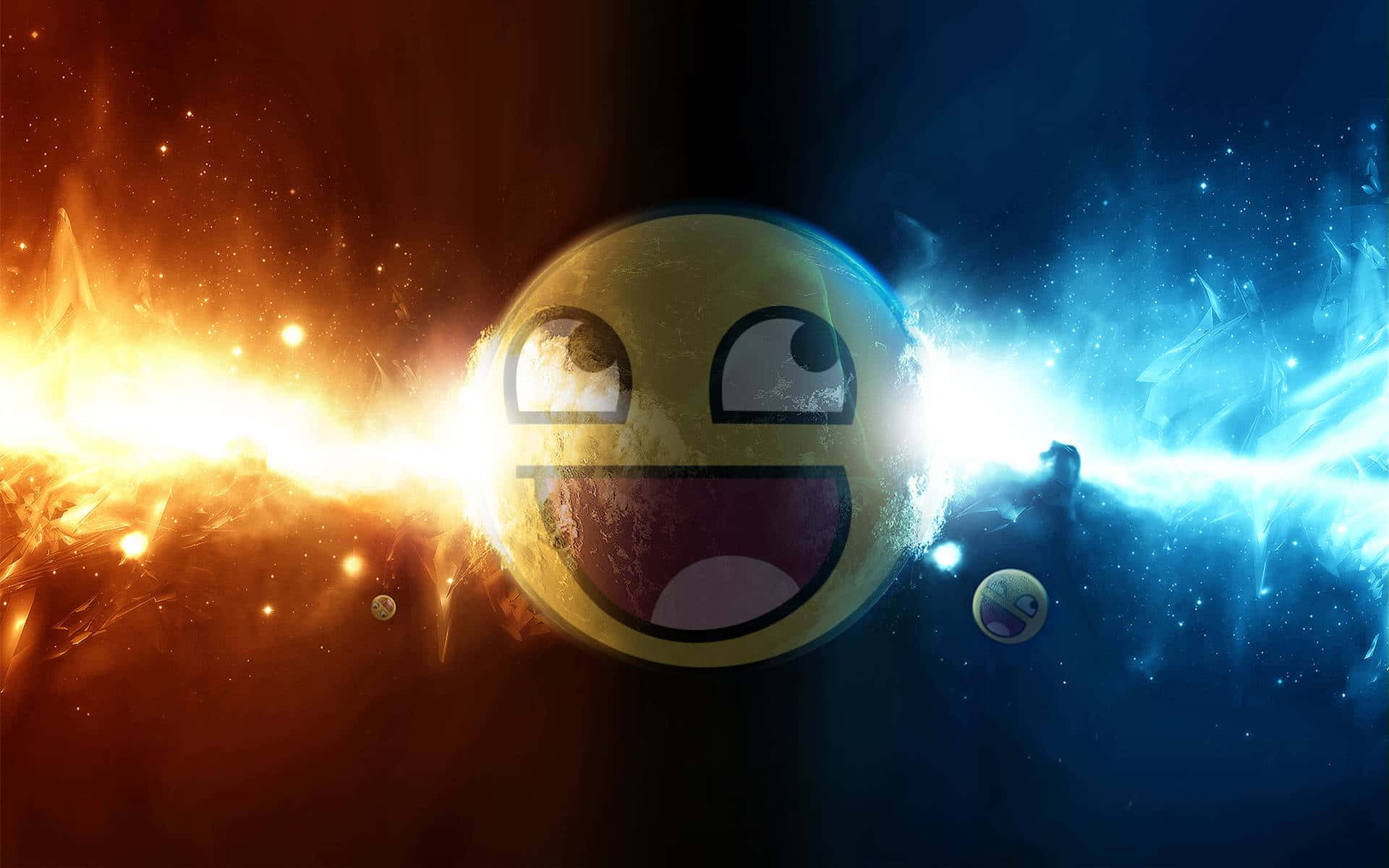 桌布 壁紙 — 一個大笑的表情符號星球被宇宙能量光束分裂，背景是熾熱的橙色和電光藍色星雲。