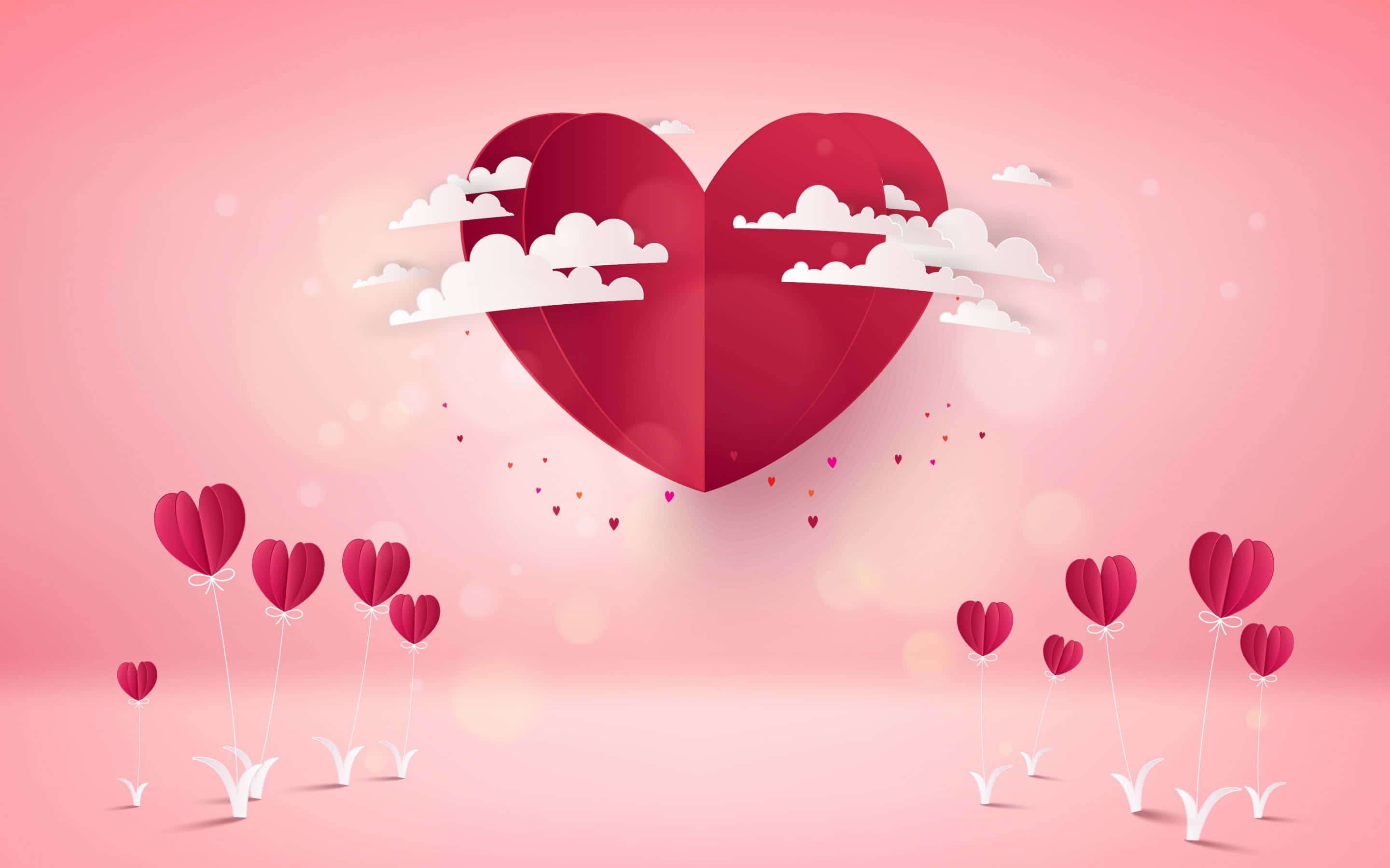Aesthetic Heart 桌布 壁紙 — 一個大紅色紙心漂浮在帶莖的心形氣球上方，背景是柔和的粉紅色和雲朵。
