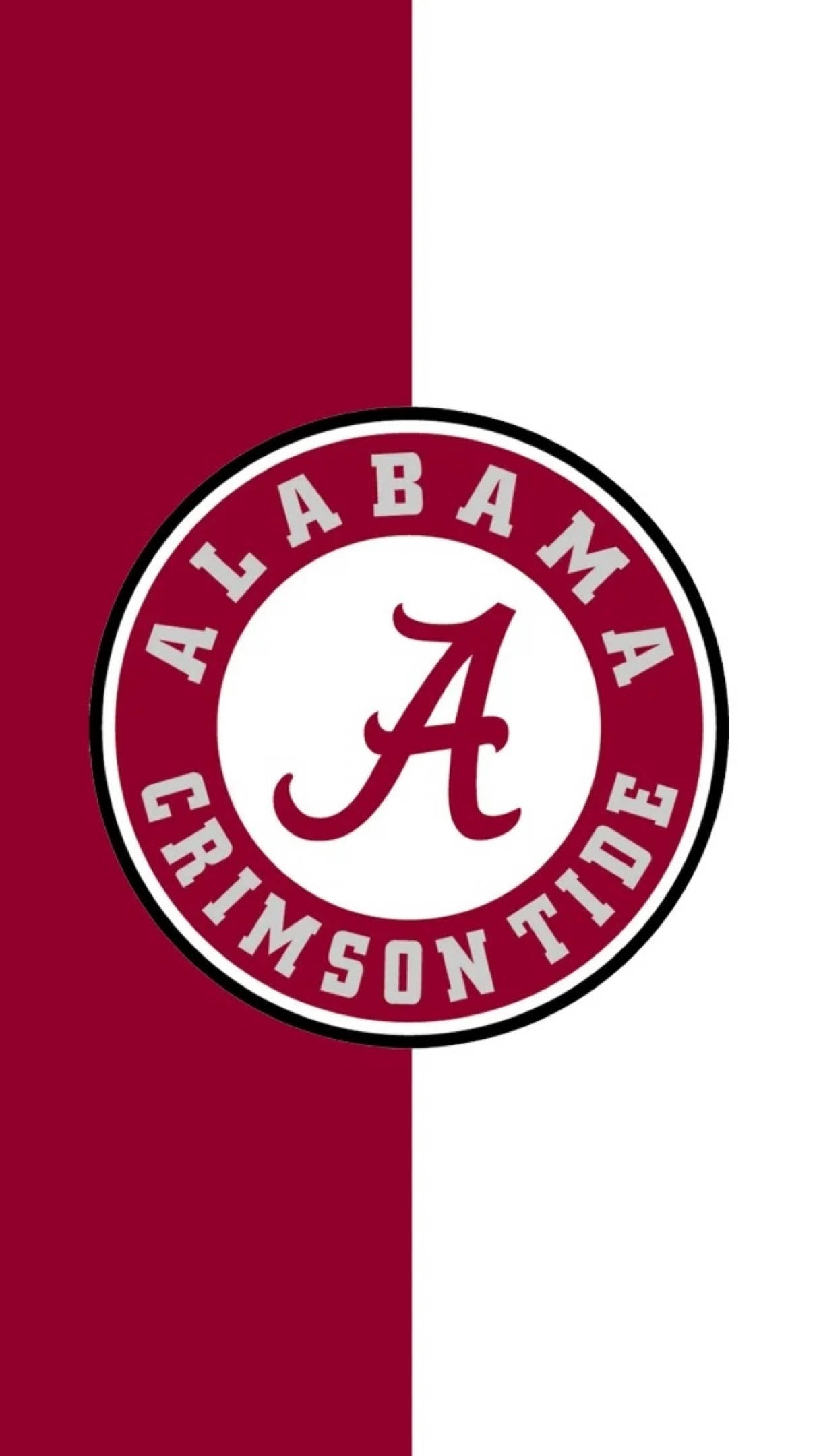 Tide 桌布 壁紙 — 一個大膽的 Alabama Crimson Tide 標誌，居中於分為深紅色和白色的背景上。