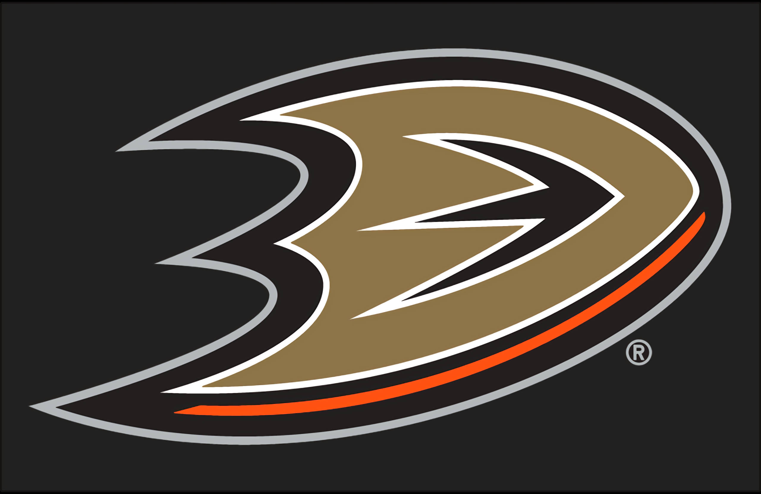 ducks 桌布 壁紙 — 一個大膽的 Anaheim Ducks 標誌，在深色背景上帶有金色、黑色和橙色的曲線。