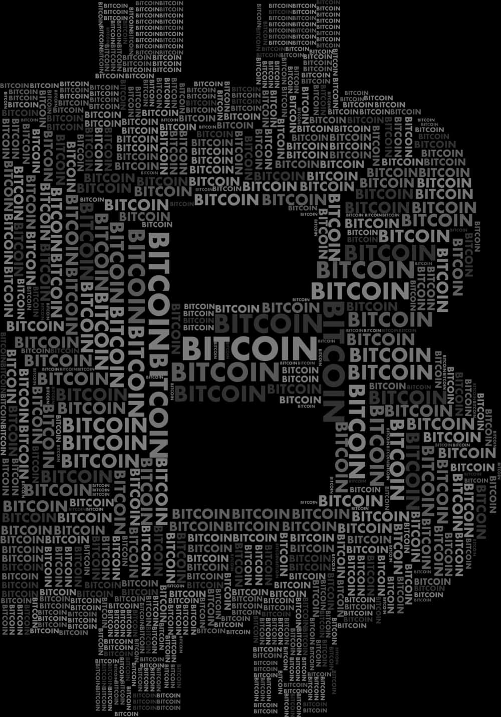 比特幣 桌布 壁紙 — 一個大膽的「bitcoin」字雲，大小和灰色深淺各異，在黑色背景上形成一個風格化的人形輪廓。