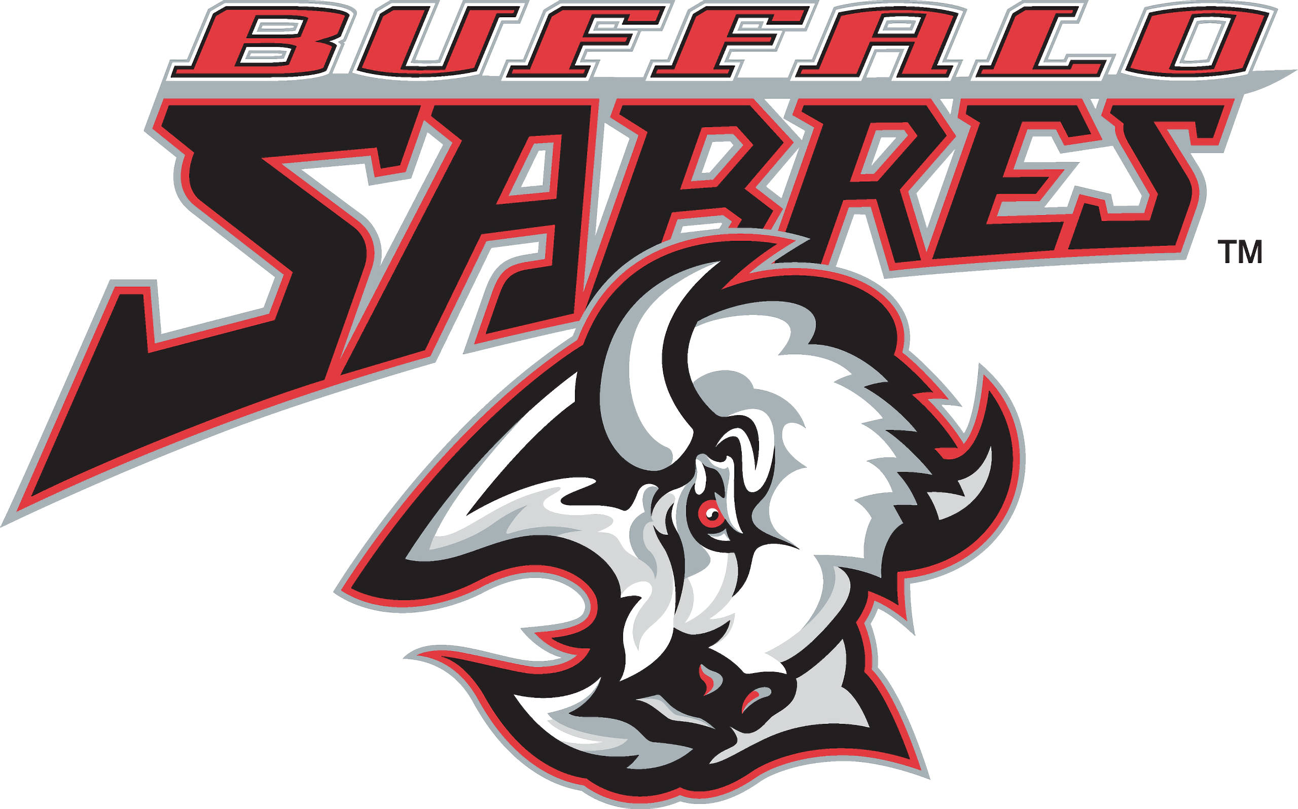 Sabres 桌布 壁紙 — 一個大膽的 Buffalo Sabres 標誌，以一隻兇猛的白水牛頭為特色，帶有紅色眼睛和黑色紅色輪廓，背景為白色。