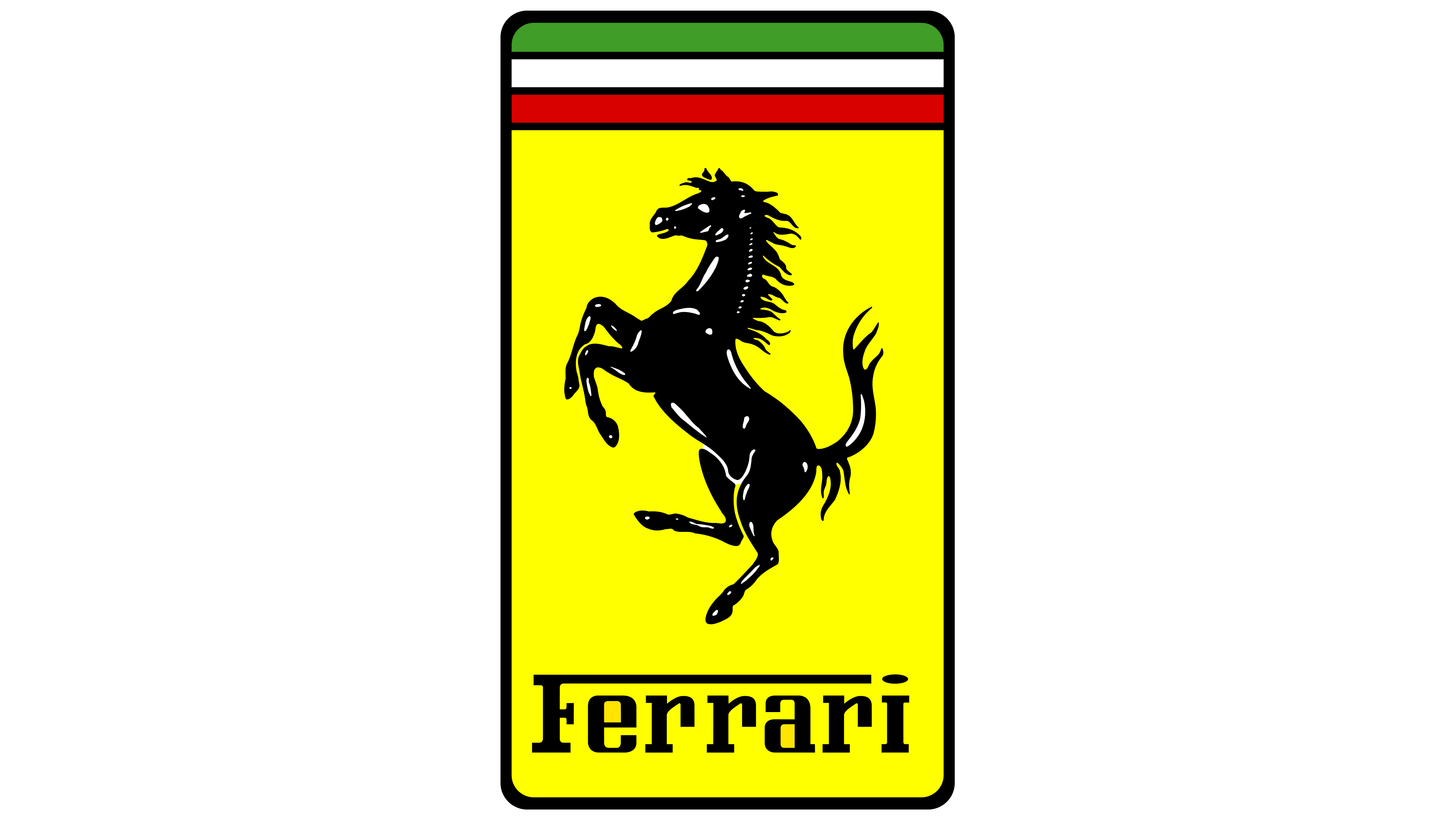 標誌 桌布 壁紙 — 一個大膽的 Ferrari 標誌，黃色背景上有一匹黑色躍馬，上方有綠、白、紅條紋，下方有 Ferrari 字樣。