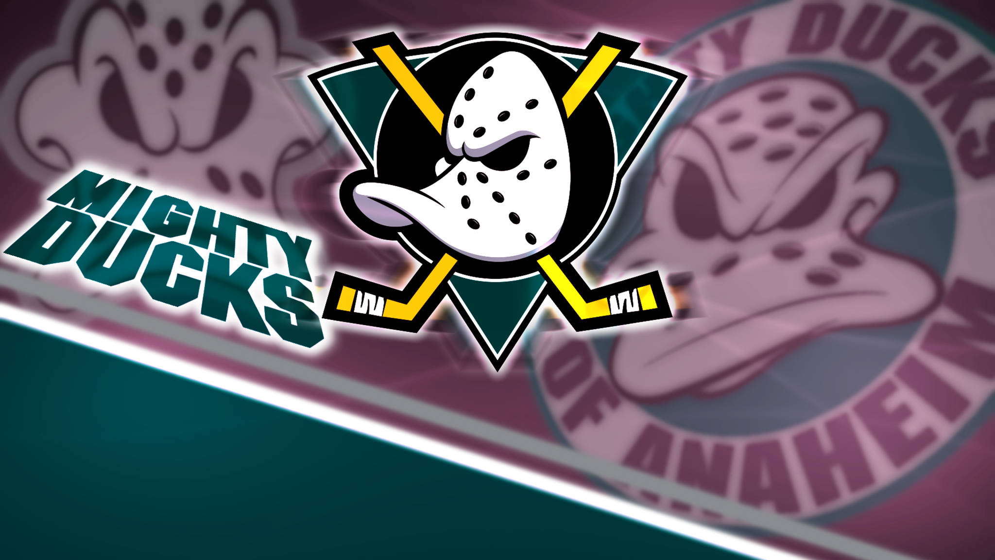 ducks 桌布 壁紙 — 一個大膽的 Mighty Ducks of Anaheim 標誌，以守門員面具和交叉的曲棍球棒為特色，背景為紫色和藍綠色漸變。