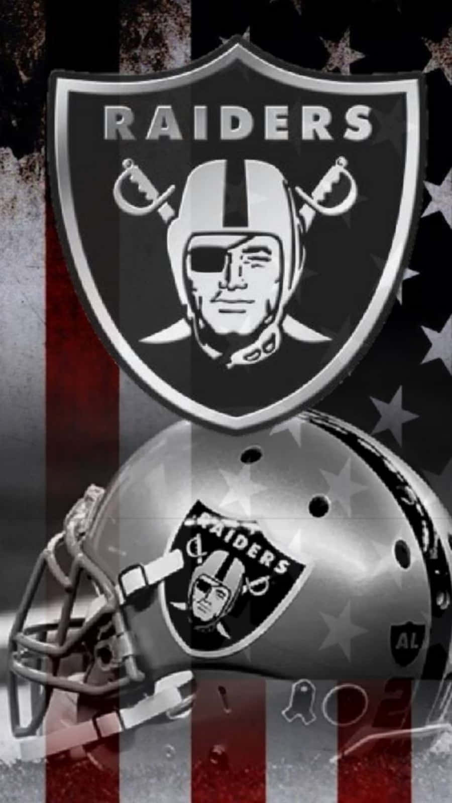 在愛國旗幟背景上的 Raiders 足球頭盔和標誌。 — 突襲者 GIF 壁紙