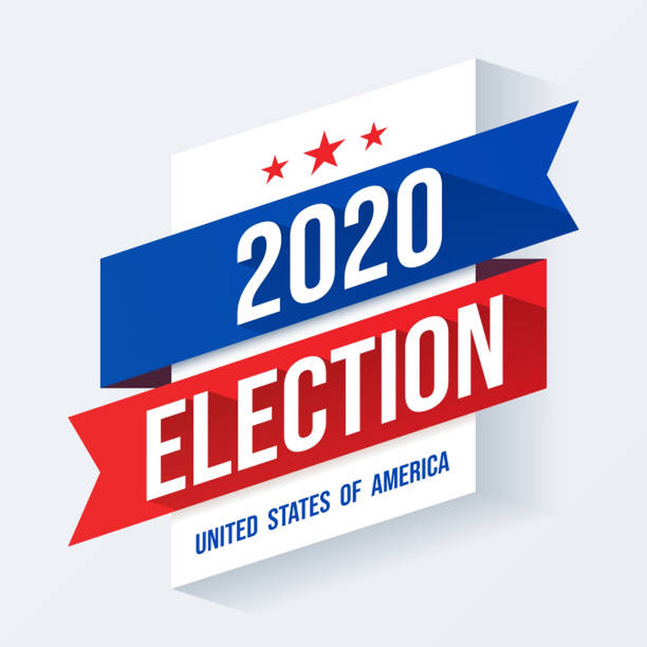 Election 桌布 壁紙 — 一個大膽的3D圖形標誌，用於2020年美國選舉，帶有紅、白、藍色絲帶和星星。