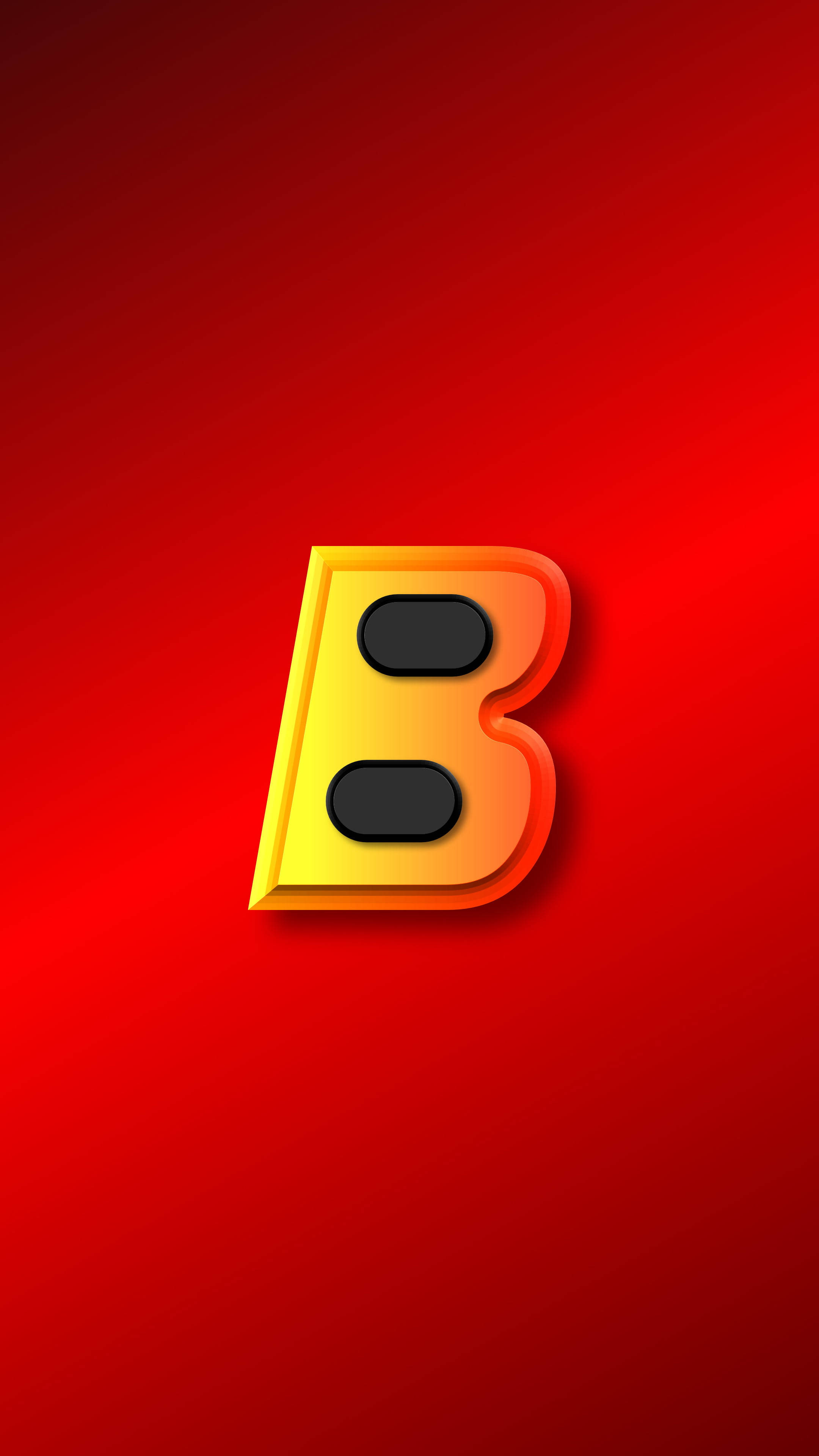 字母B 桌布 壁紙 — 一個大膽的3D字母B，採用黃橙色漸層，在帶有柔和陰影的鮮紅色背景上脫穎而出。