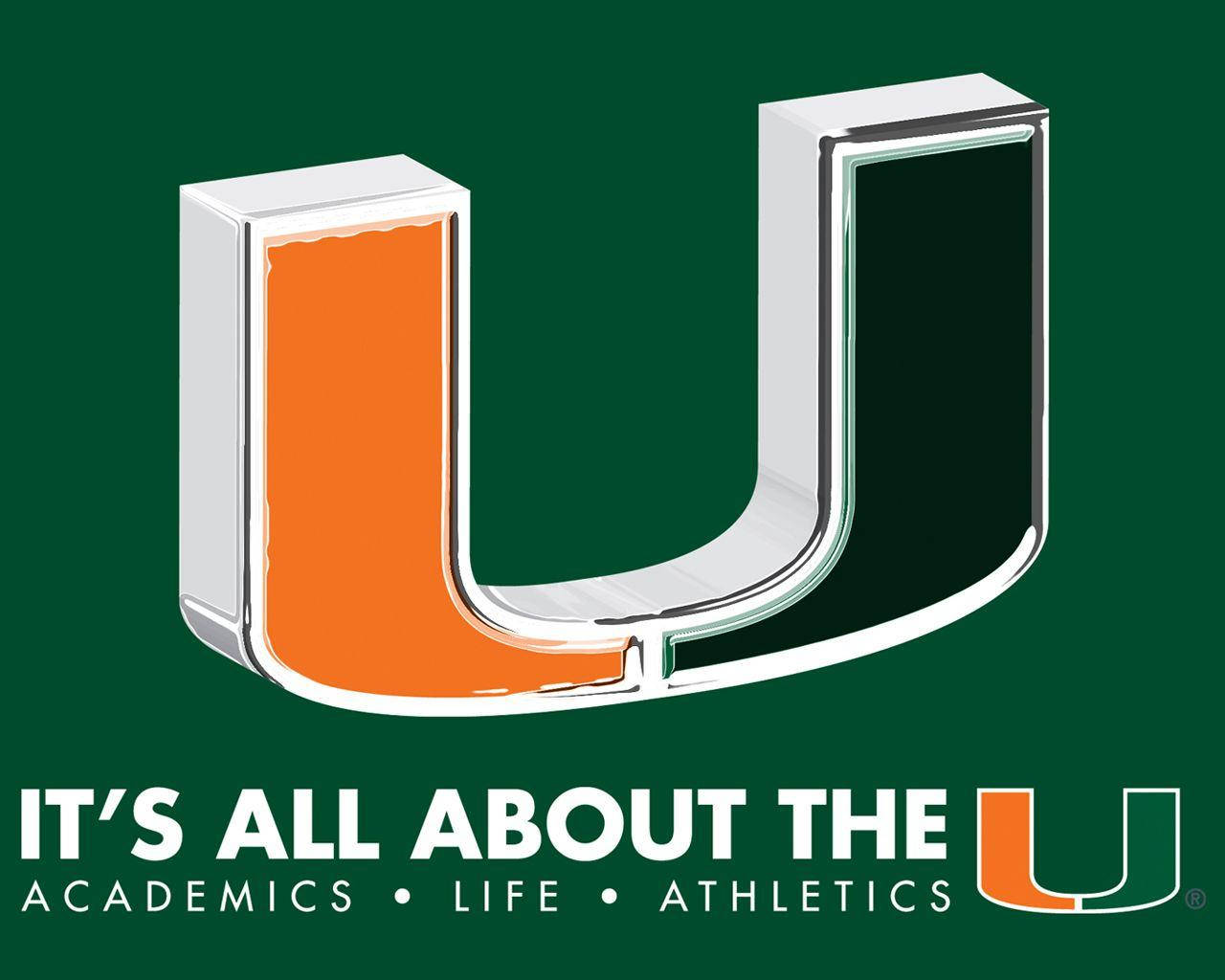 University Of Miami 桌布 壁紙 — 一個大膽的3D字母U，橙色和綠色，帶金屬銀色邊緣，置於純深綠色背景上。