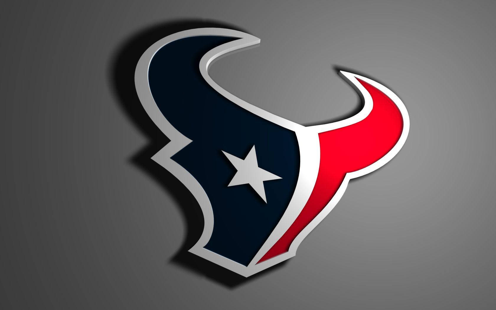 Texans 桌布 壁紙 — 一個大膽的3D渲染休士頓德州人標誌，帶有海軍藍、紅色和白色的角及一顆星，在灰色漸變背景上投射出銳利的陰影。