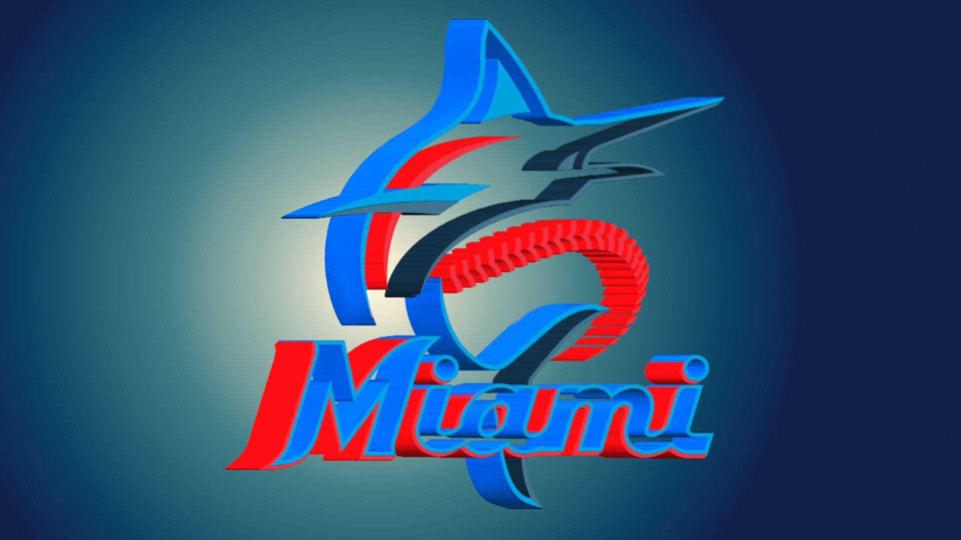 Marlins 桌布 壁紙 — 一個大膽的3D渲染邁阿密標誌，藍色鯊魚在漸變藍色背景上躍過紅色波浪。