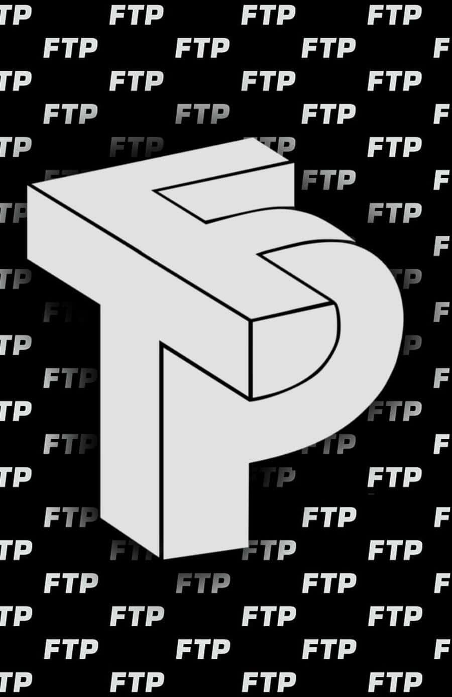 Ftp 桌布 壁紙 — 一個大膽的3D風格淺灰色字母P，在充滿重複FTP文字的黑色背景上脫穎而出。