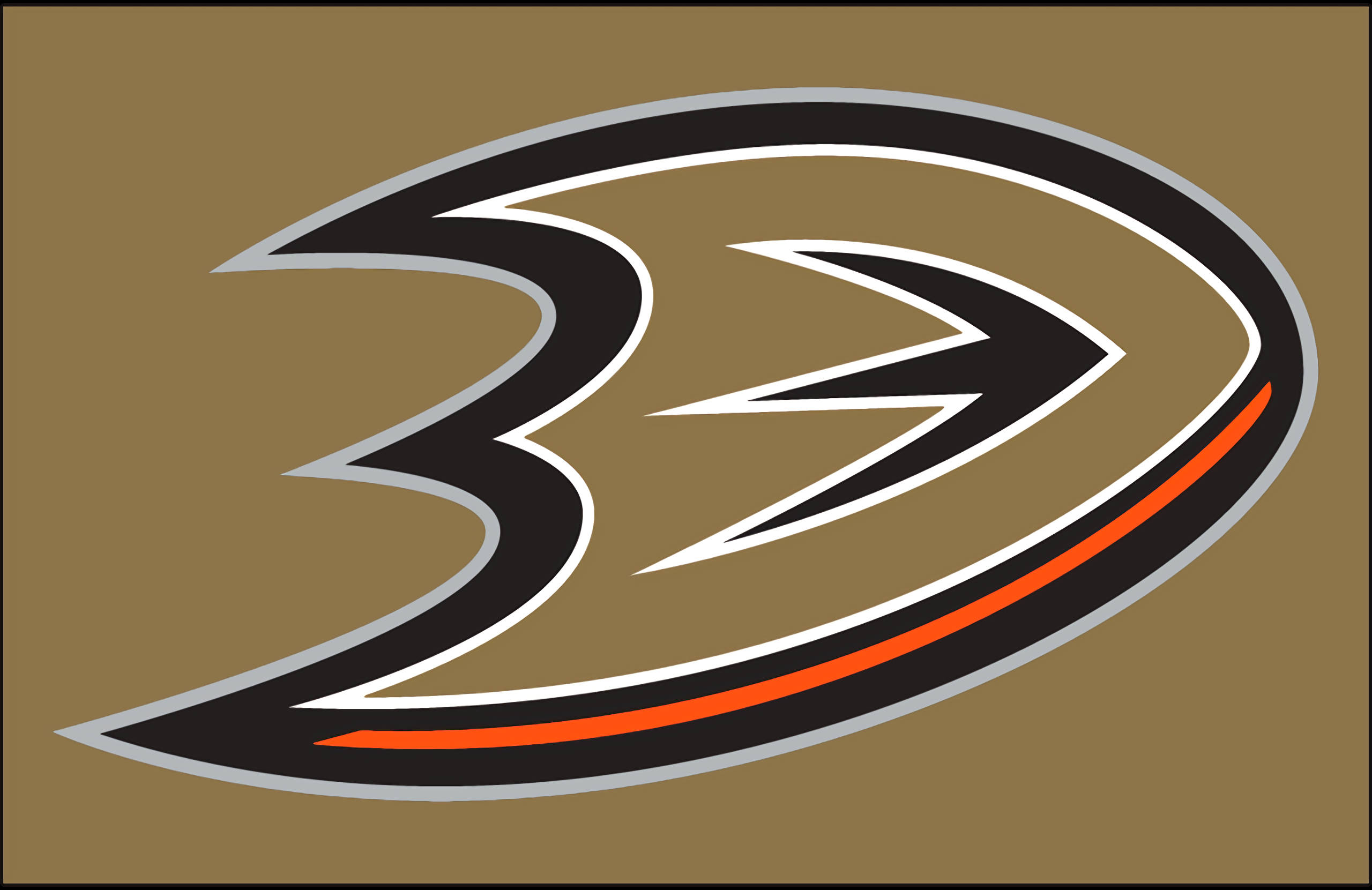 ducks 桌布 壁紙 — 一個大膽的Anaheim Ducks標誌，黑色、白色和橙色點綴，純棕色背景。