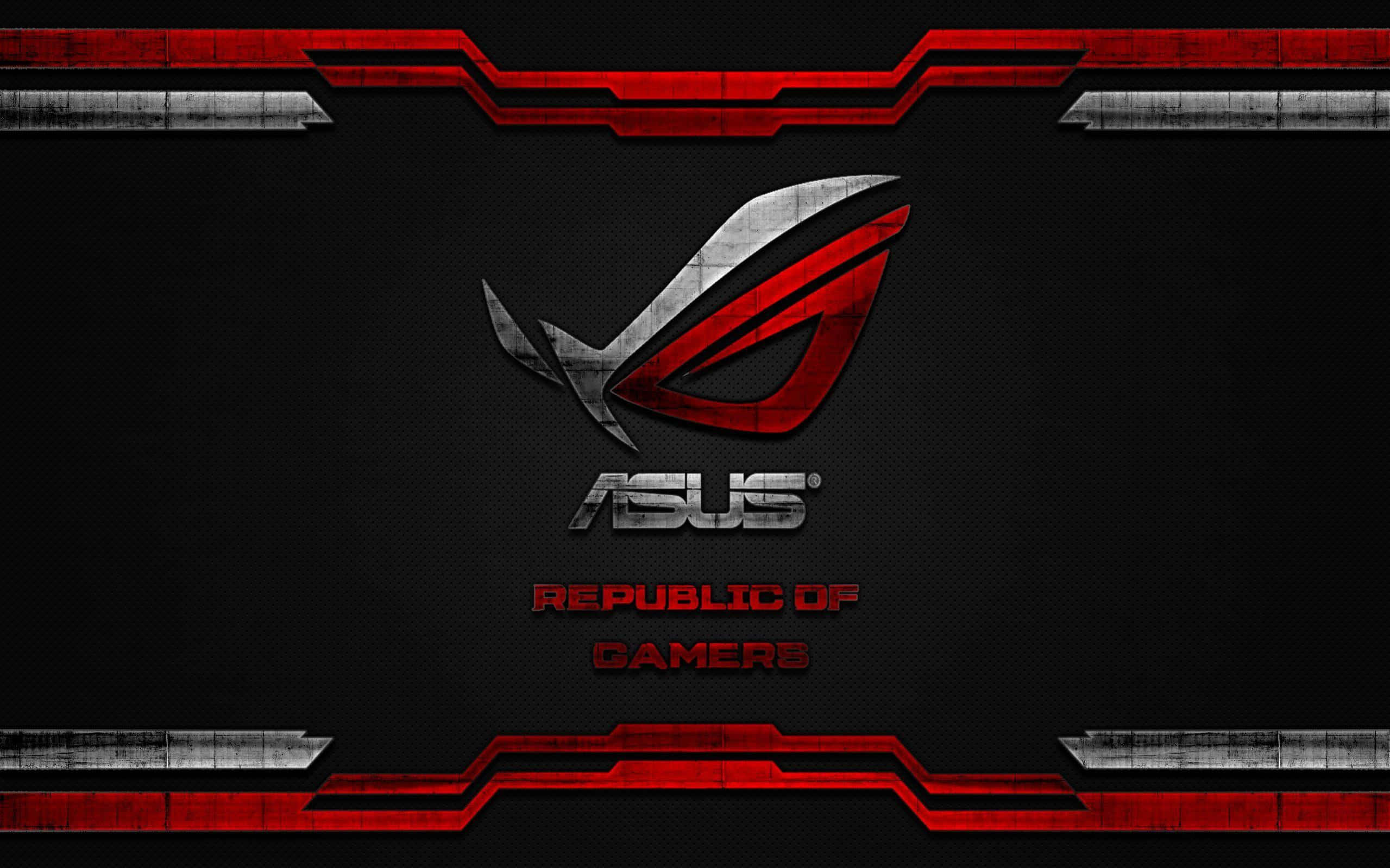 ASUS 桌布 壁紙 — 一個大膽的ASUS ROG標誌，帶有紅色和銀色點綴，位於紋理黑色背景上，並由棱角分明的紅色和銀色條框包圍。