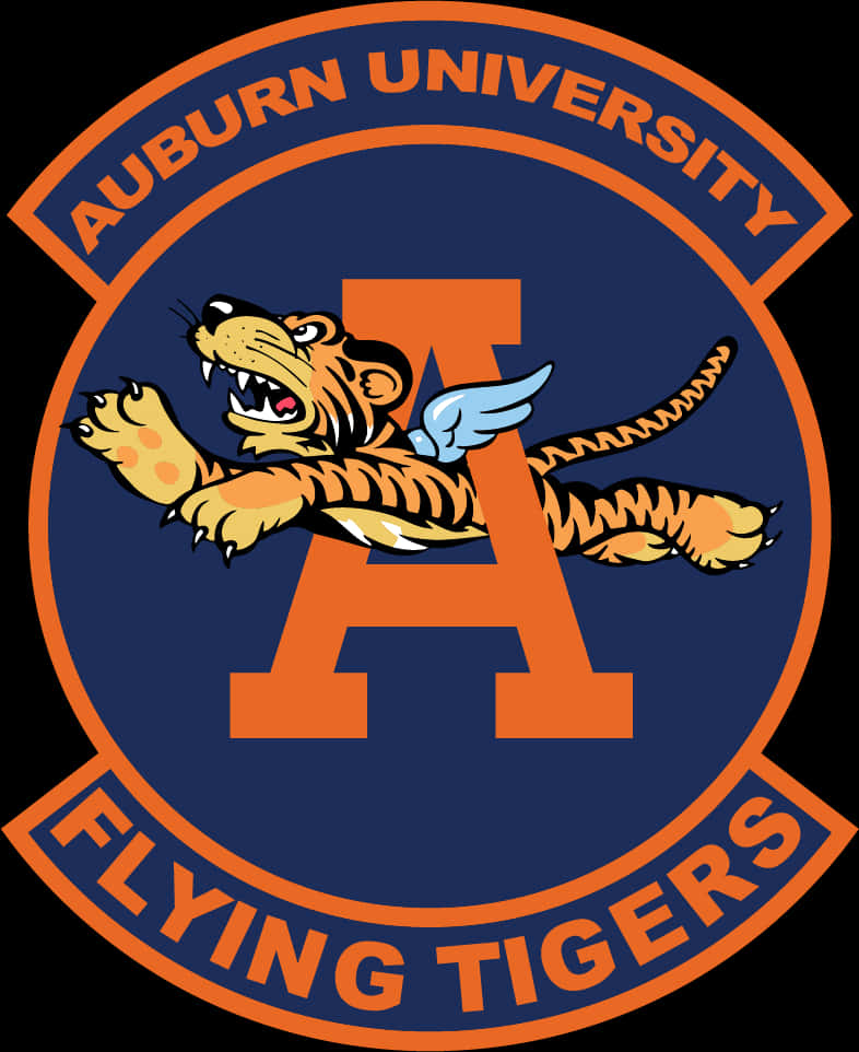 Auburn Logo 桌布 壁紙 — 一個大膽的Auburn University Flying Tigers標誌，展示一隻兇猛的橙色老虎展開翅膀，在深藍色圓形背景上翱翔在一個大字母A之上。