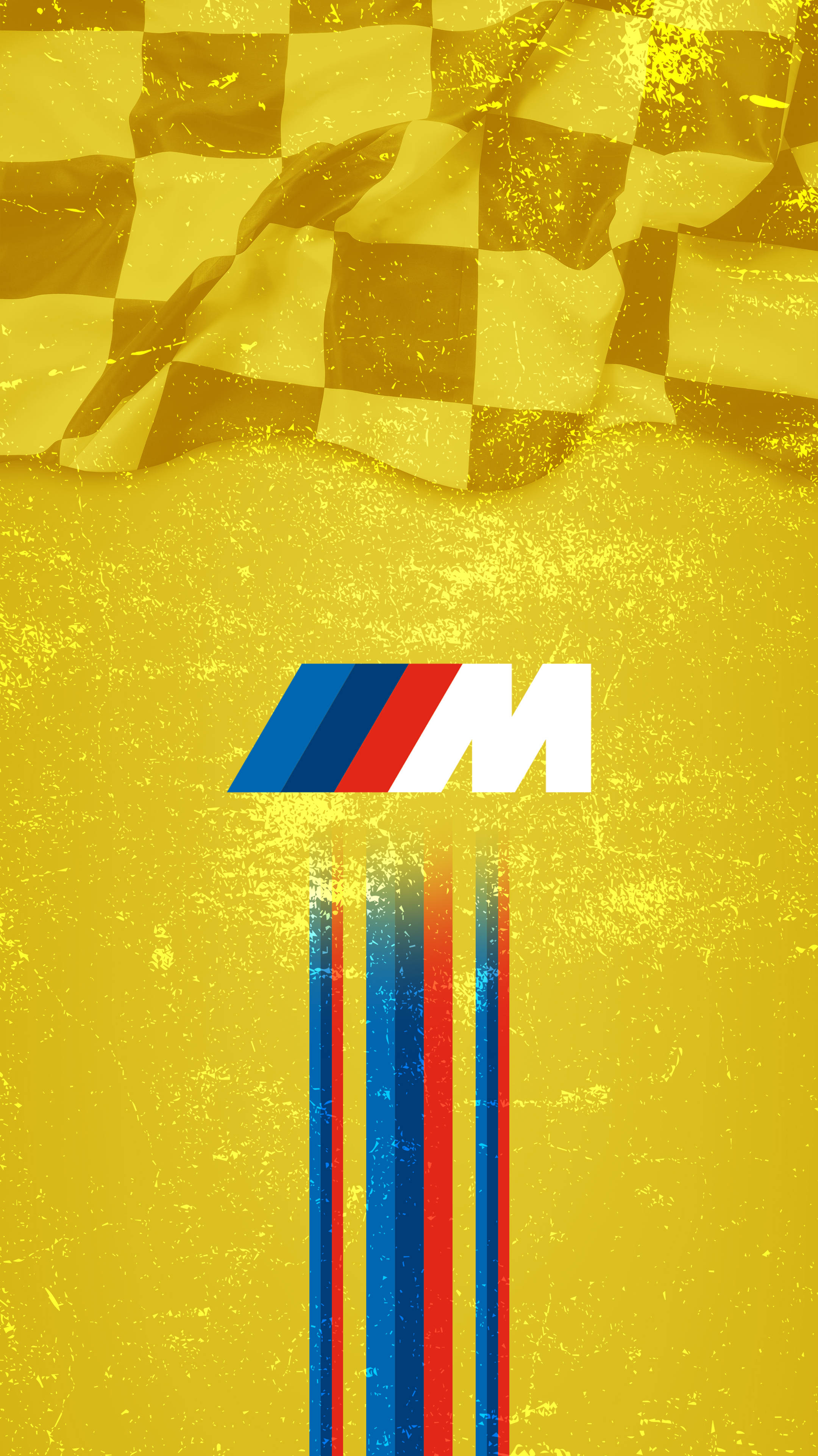 BMW 動圖 桌布 壁紙 — 一個大膽的BMW M標誌，帶有藍、紅、白條紋，背景為帶有方格旗圖案的紋理黃色背景。