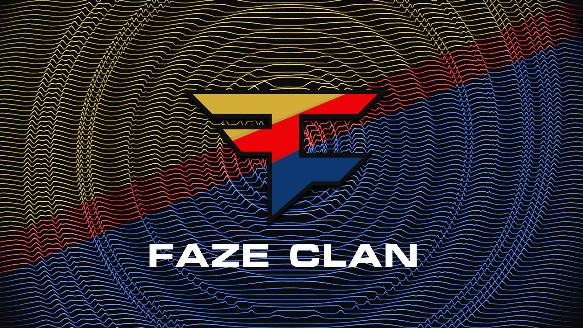 藍色 桌布 壁紙 — 一個大膽的FAZE CLAN標誌，採用紅、黃、藍色的幾何形狀，置於動態黑色背景上，背景有金色、紅色和藍色的同心波浪線。