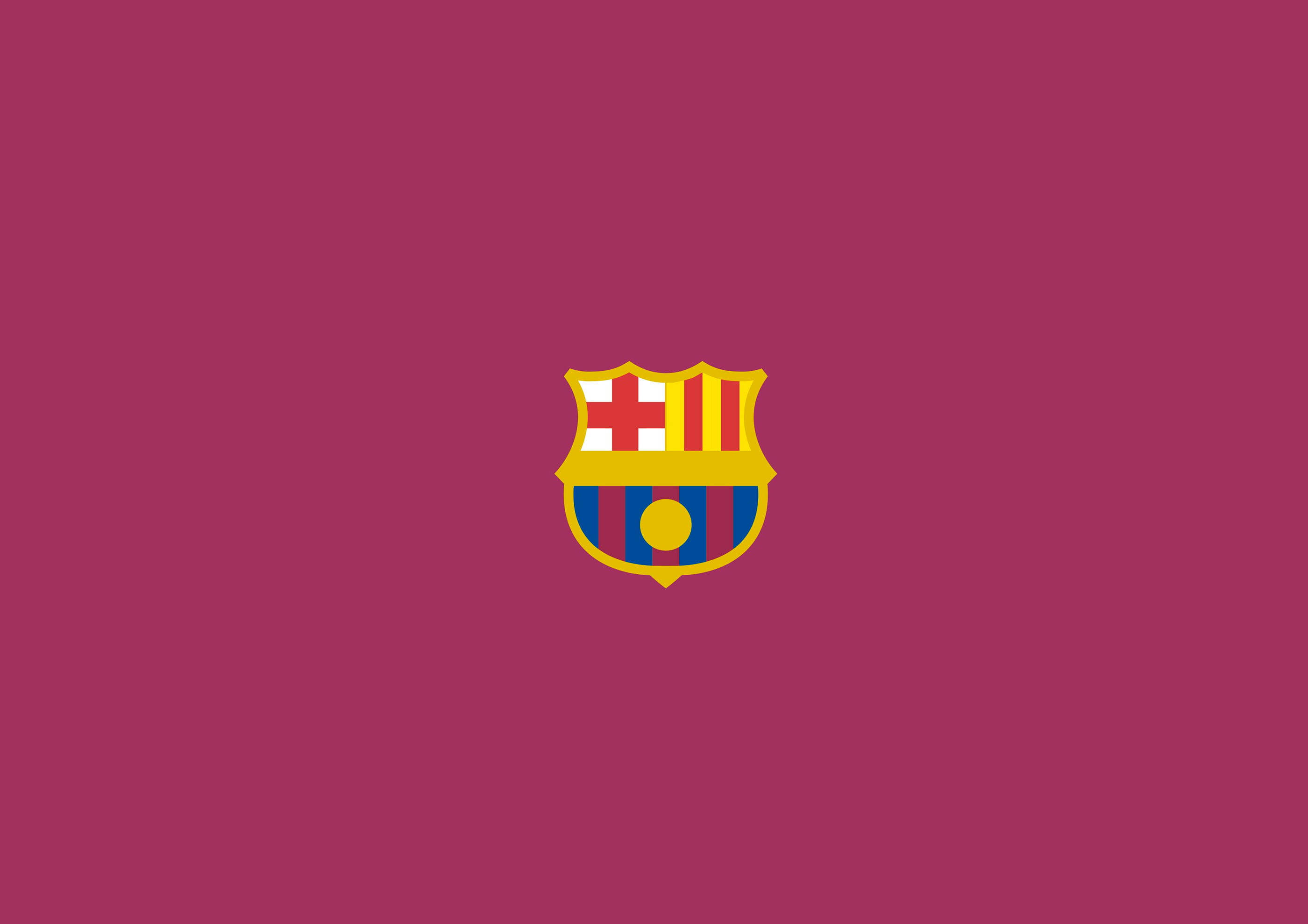 Barcelona 桌布 壁紙 — 一個大膽的FC巴塞隆納隊徽，居中在純洋紅色背景上，帶有清晰的圖形線條。