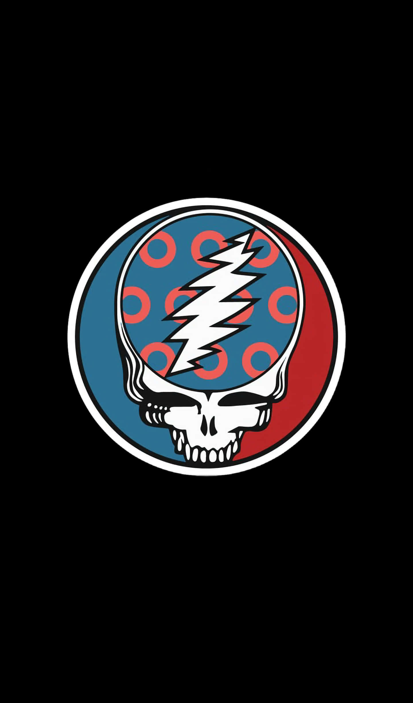 Grateful Dead iPhone 桌布 壁紙 — 一個大膽的Grateful Dead骷髏標誌，帶有閃電和同心圓，置於黑色背景上。