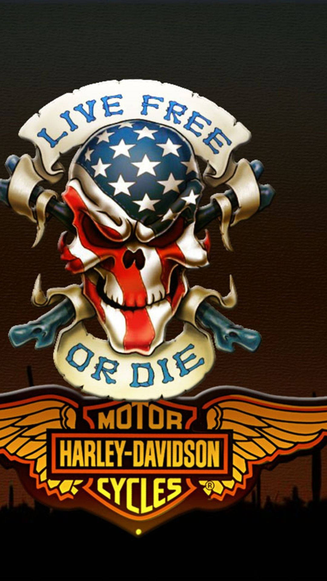 Harley 桌布 壁紙 — 一個大膽的Harley-Davidson標誌，包含美國國旗顏色的骷髏頭和交叉扳手，下方有'Live Free or Die'橫幅。