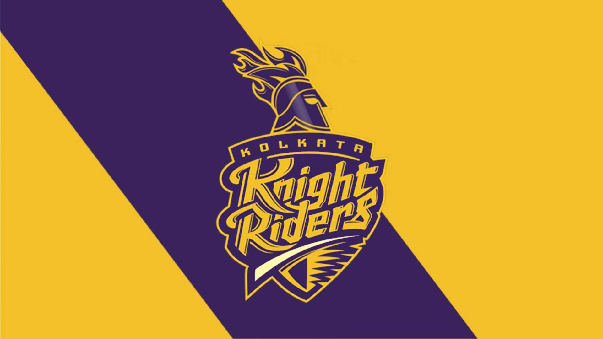 Riders 桌布 壁紙 — 一個大膽的Kolkata Knight Riders標誌，金色和紫色，位於對角線分割的背景上。