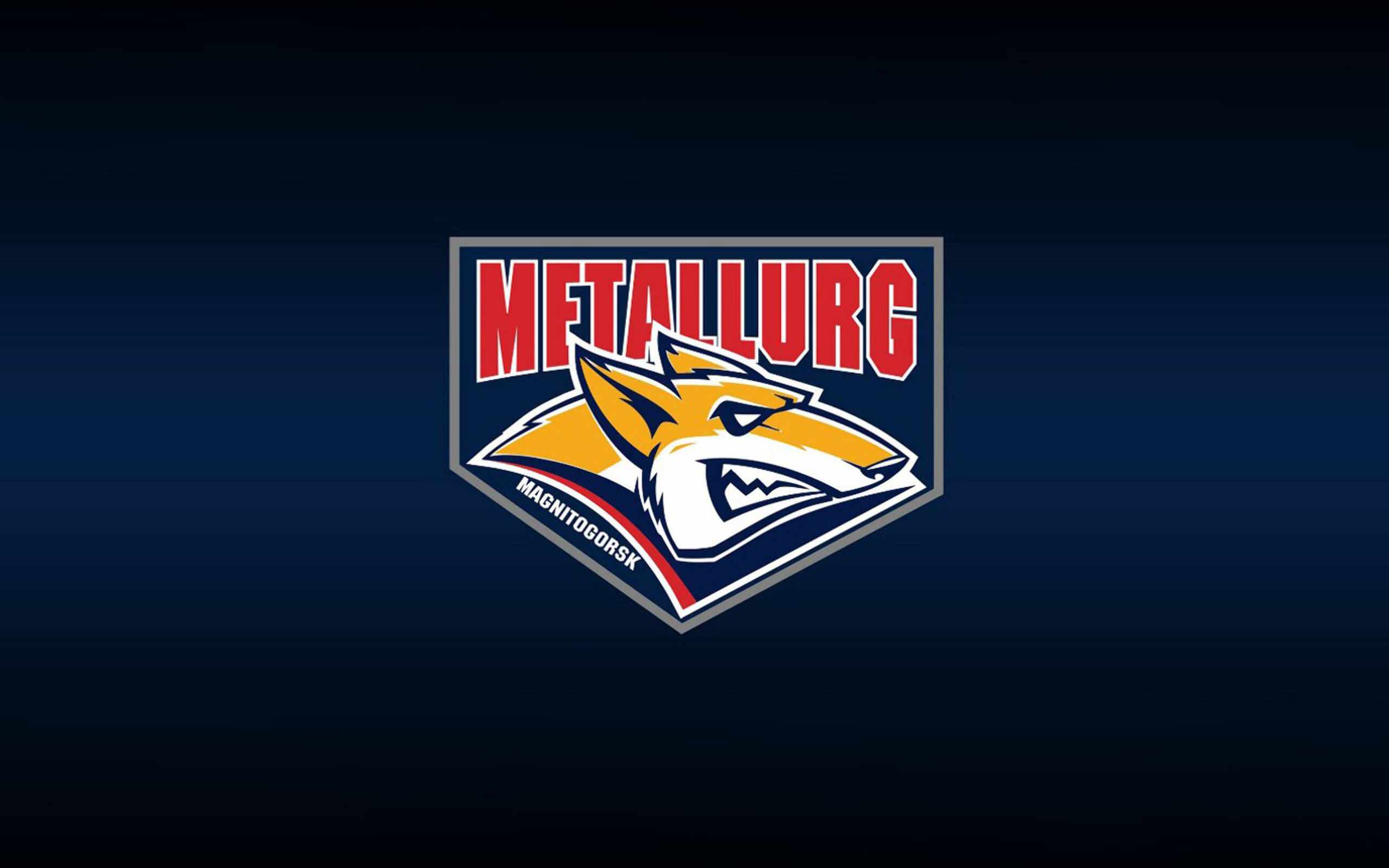 hockey 桌布 壁紙 — 一個大膽的Metallurg Magnitogorsk冰球隊標誌，在深藍色漸變背景上有一個兇猛的黃色狼頭。