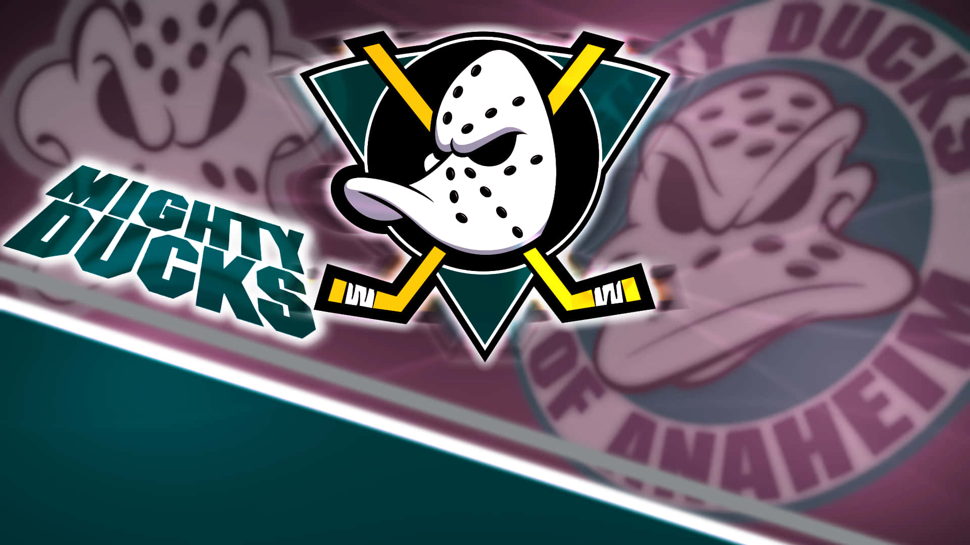 安納海姆鴨隊 桌布 壁紙 — 一個大膽的Mighty Ducks of Anaheim標誌，以守門員面具和交叉的曲棍球棒為特色，背景為青綠色和紫色漸層。