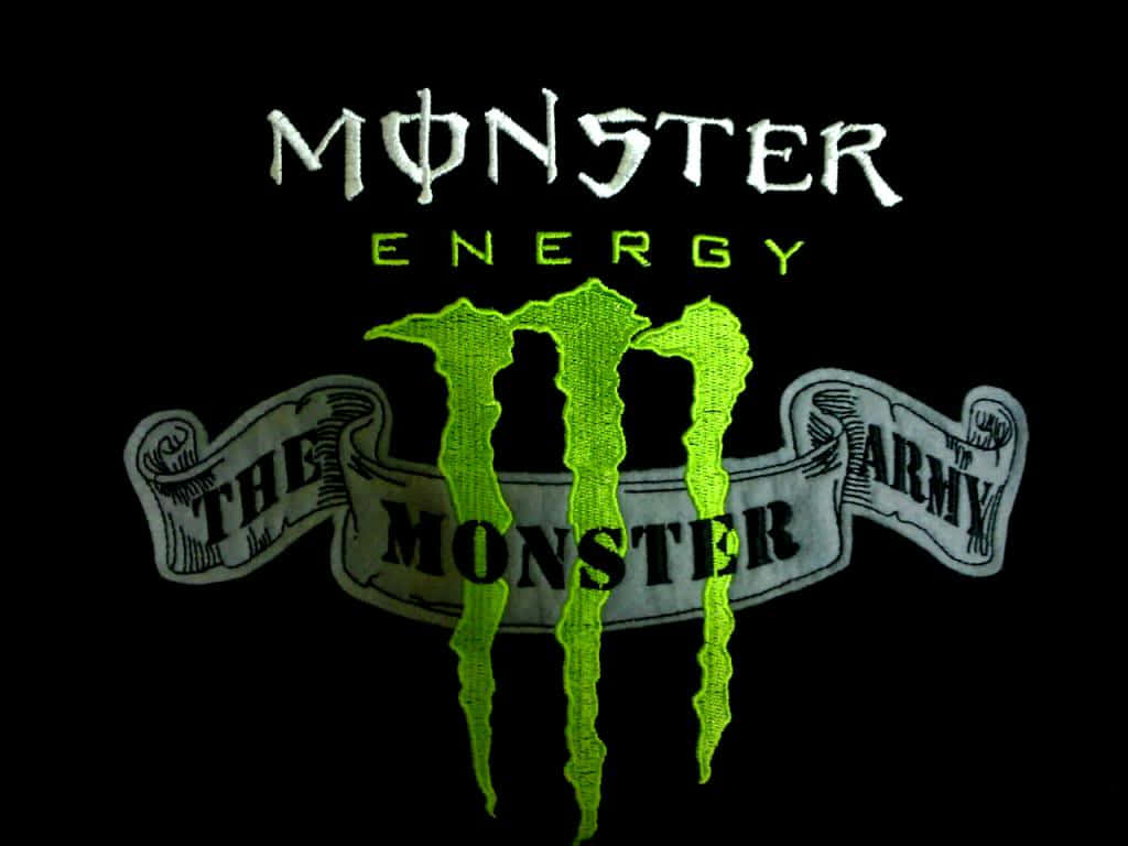 怪物 桌布 壁紙 — 一個大膽的Monster Energy標誌，帶有發光的綠色M標誌和「The Monster Army」橫幅，背景為黑色。