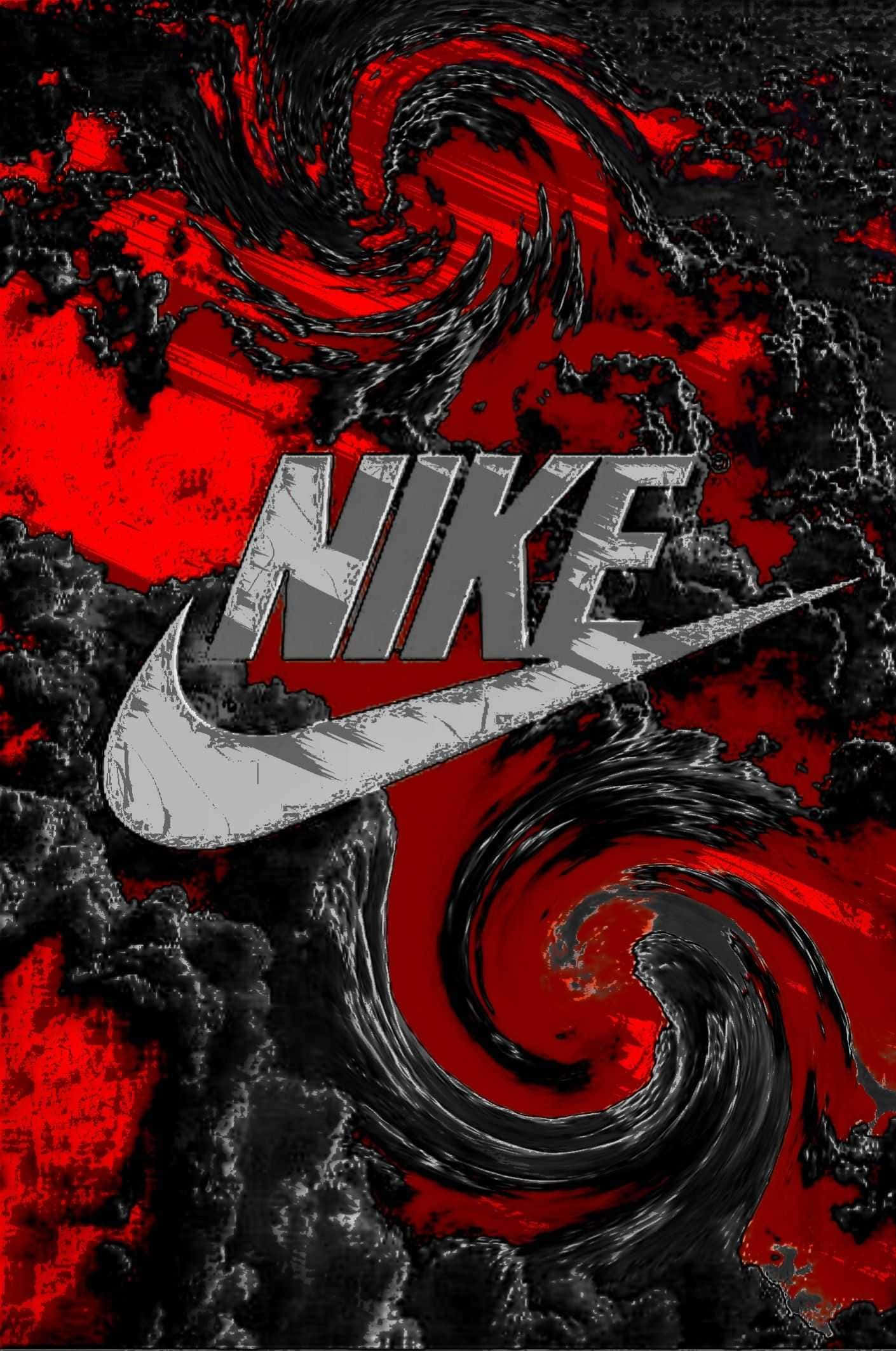 Nike 桌布 壁紙 — 一個大膽的Nike標誌在風化銀色中，在紅色和黑色抽象紋理的動態漩渦中脫穎而出。